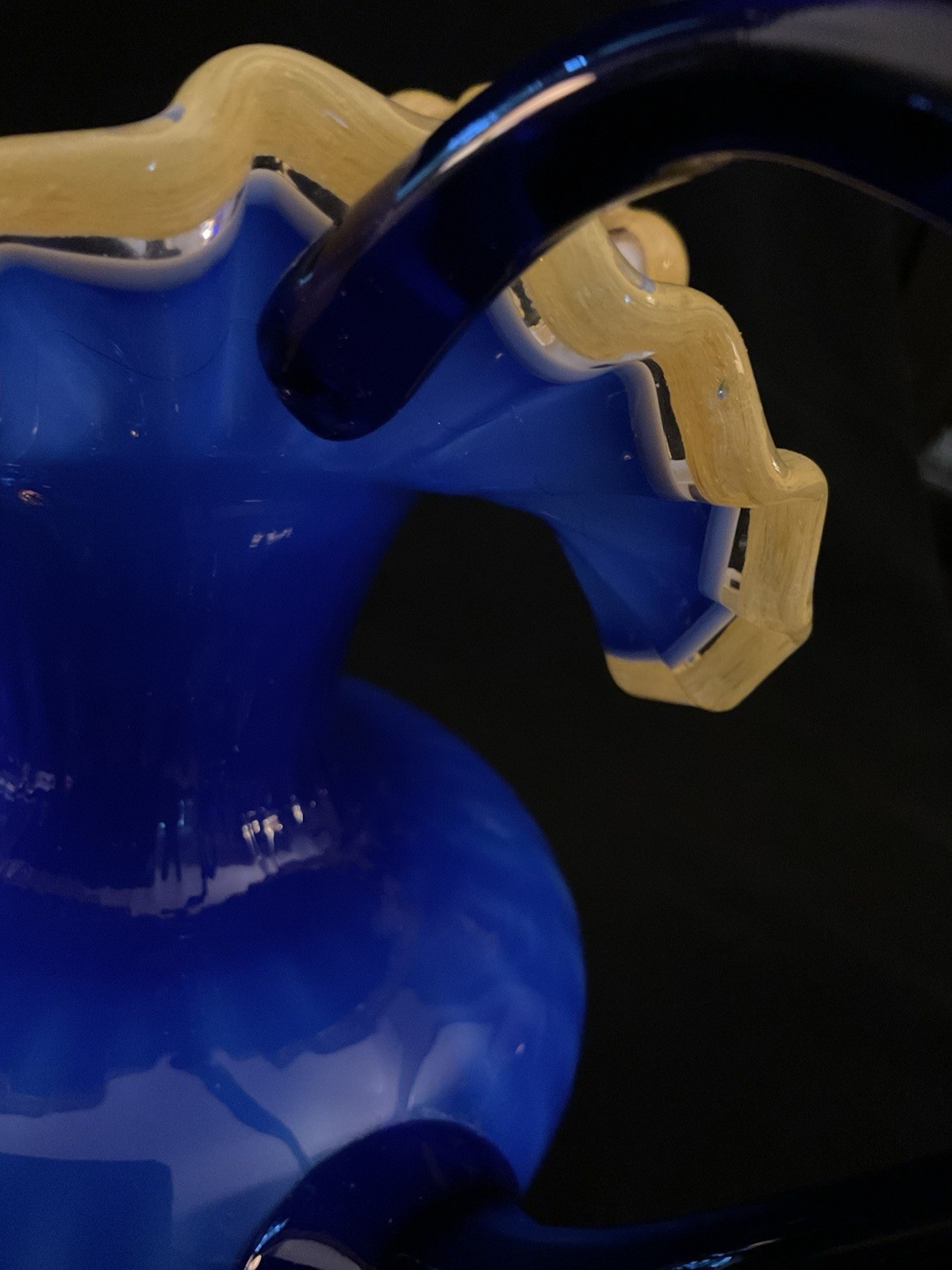 2 MCM Arte Murano Kristall Mery Cobalt Blue Pitcher W/Yellow Ruffled Rim 8.5