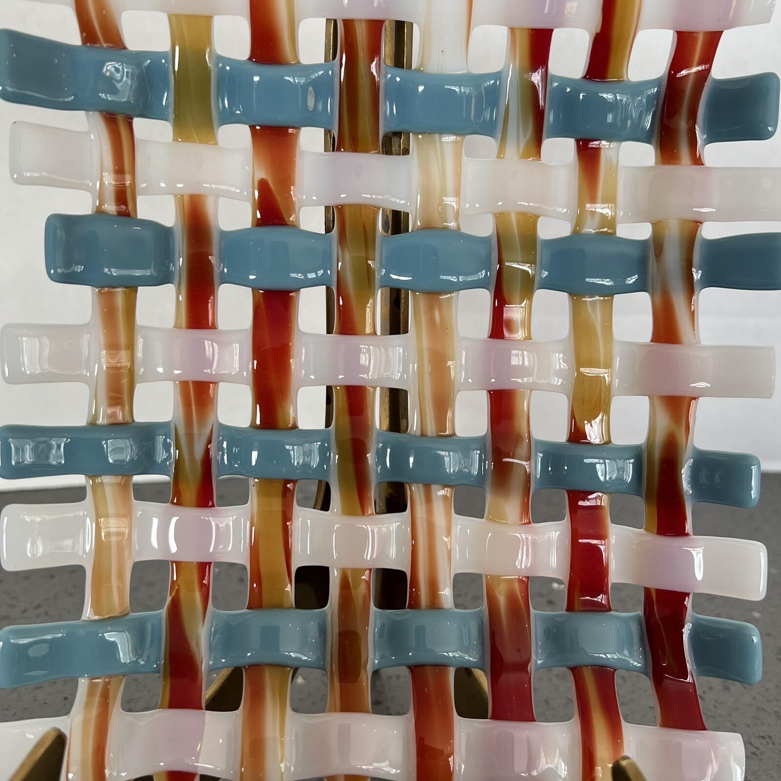 Weaved Fused Glass Plate Blue Rust Gold White 7.5″ by 6.5″ W361