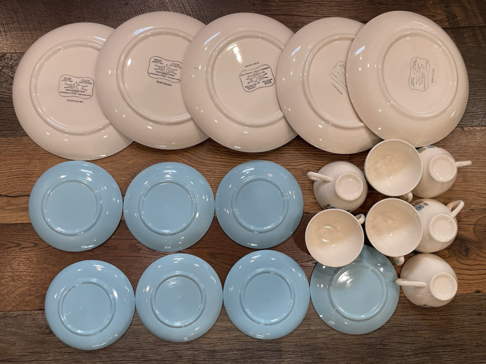 19 Dura-Gloss TEMPORAMA Atomic 5 Dinner Plates 3 Bread 4 Saucers 7 Cups BLUE
