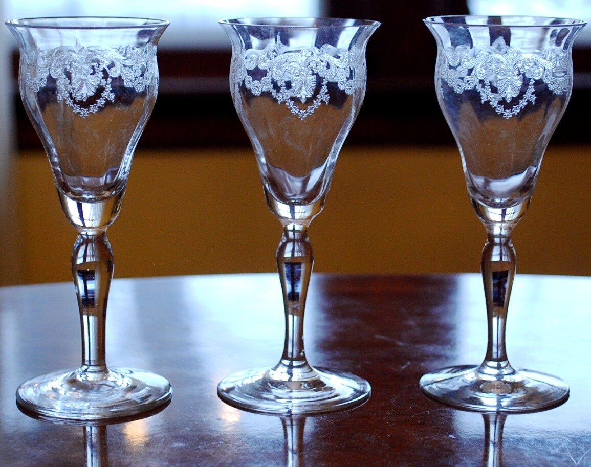 Antique BRYCE Set 3 Cocktail Glasses 5″ NEEDLE ETCHED OPTIC GLASS Garlands c1900