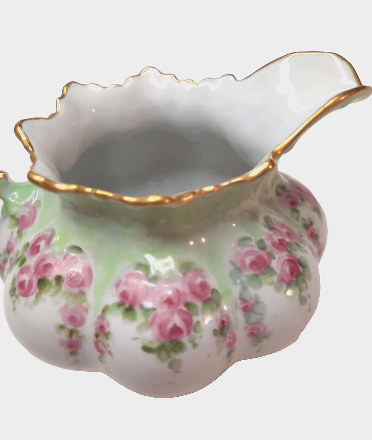 Antique-MZ Austria-Porcelain Creamer Pitcher-933-Pink Rose Garland-Art Nouveau