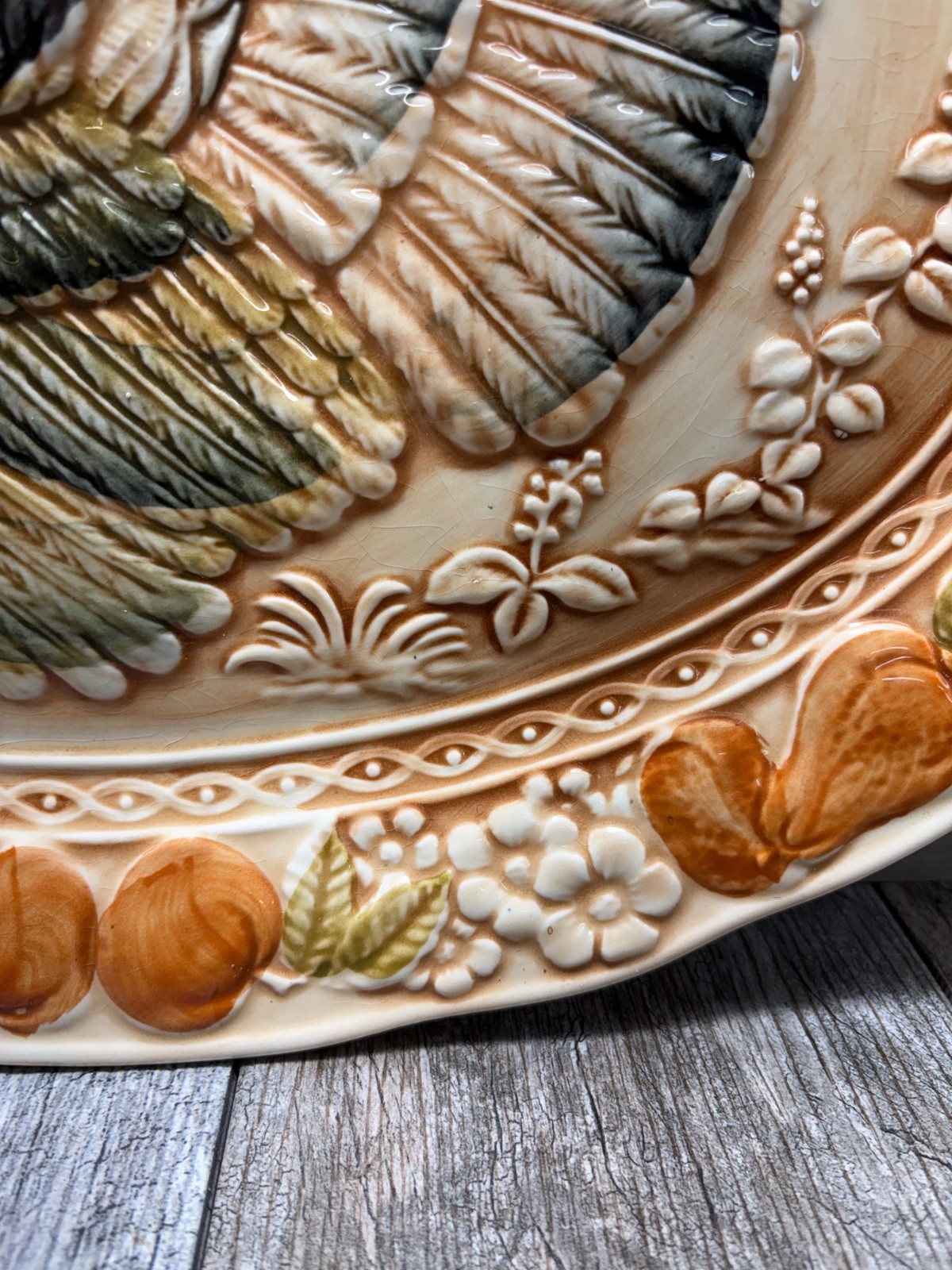Vintage Sakakibara MCM Turkey Platter Oval Ceramic Embossed Hand Painted Japan