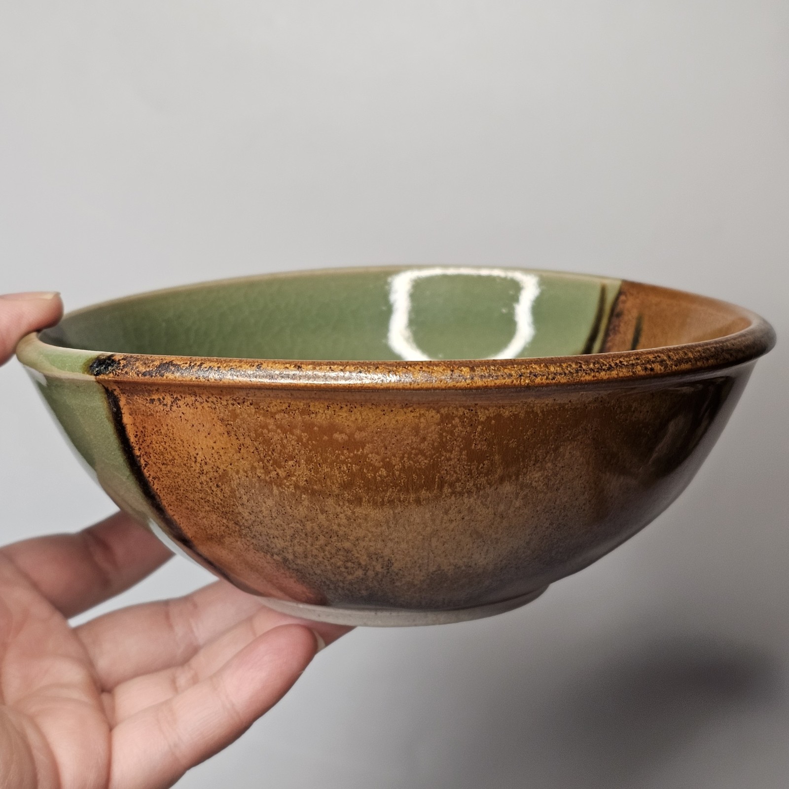 Studio Art Pottery Golden Green & Brown Drip Crackle Glaze Ceramic Bowl