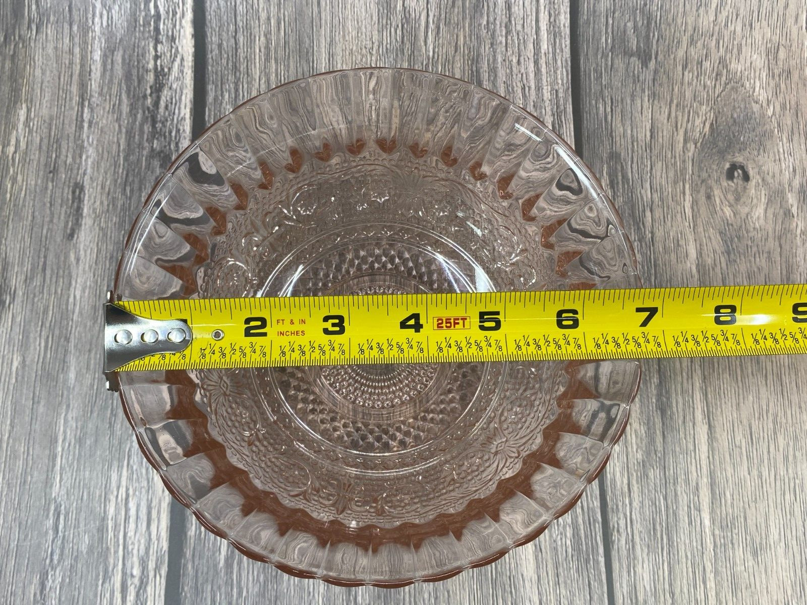 Trellis Pink Fleur De Lis Pattern Glass Bowl by KIG Indonesia 6.75 in diameter