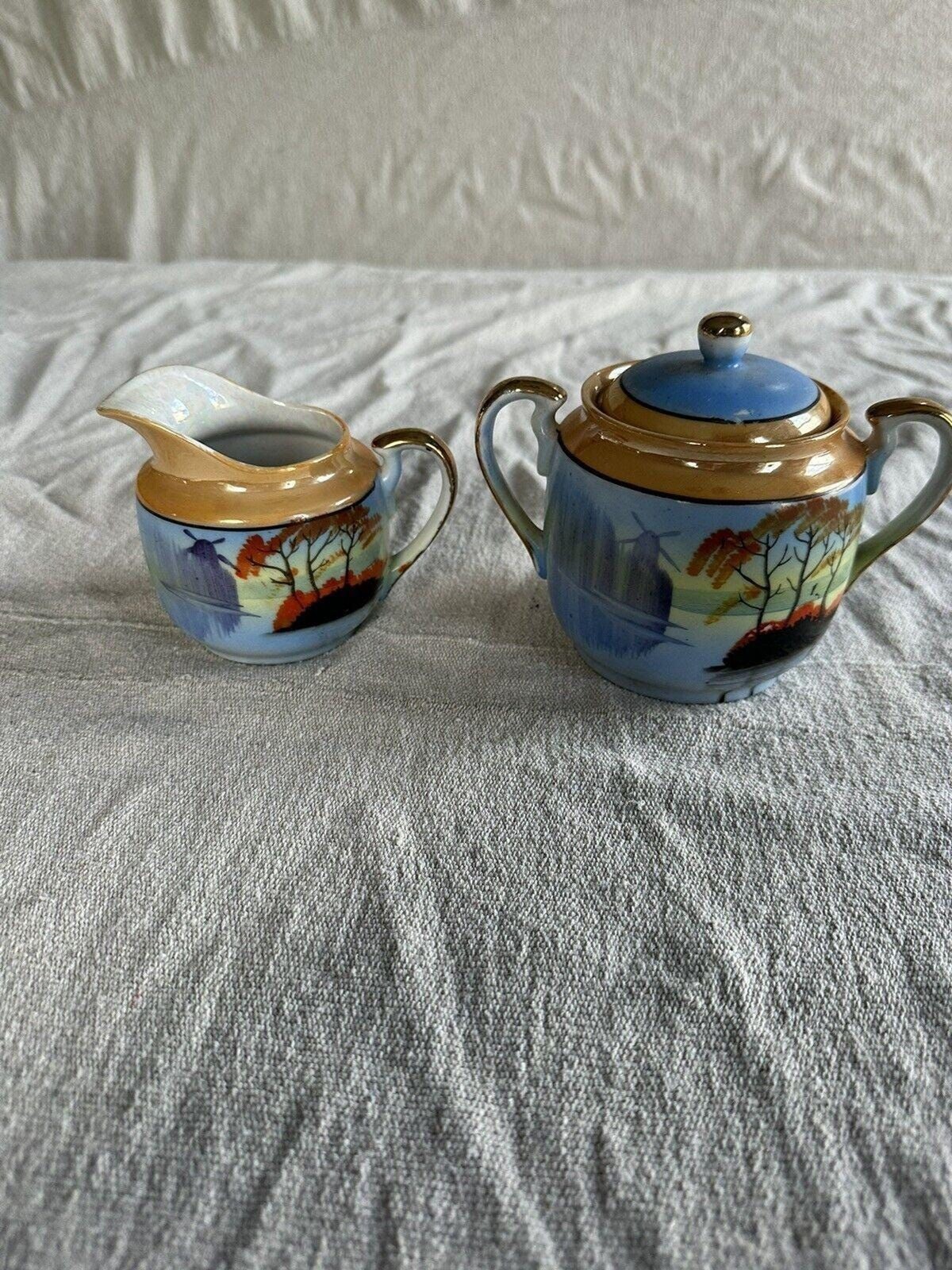 VTG Creamer and Sugar Bowl Japan Lake Trees Windmill Blue Orange Gold Trim