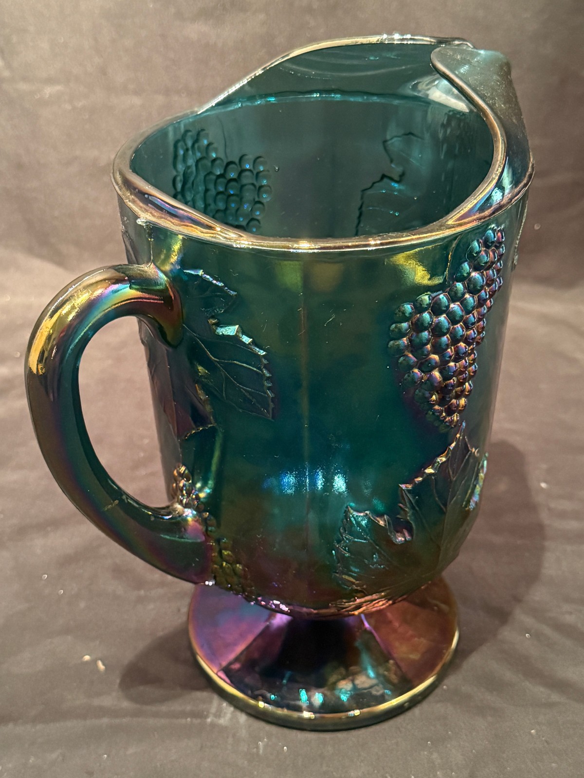 Harvest Grape & Leaf Indiana Art Glass Carnival Iridescent Blue Water Pitcher