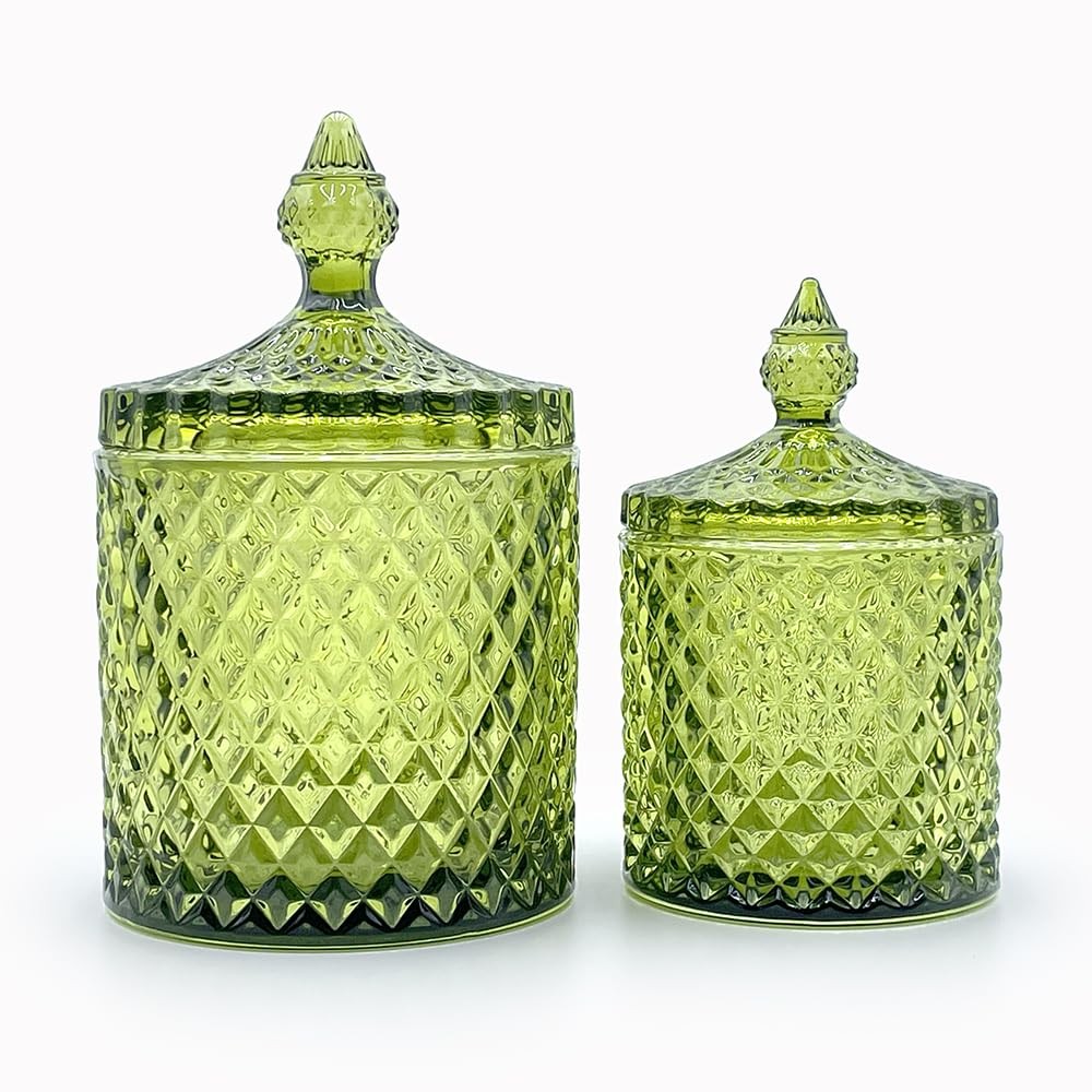 10 oz Olive Green Glass Candy Dish with Lid-Decorative Display Jar for Q-Tip …