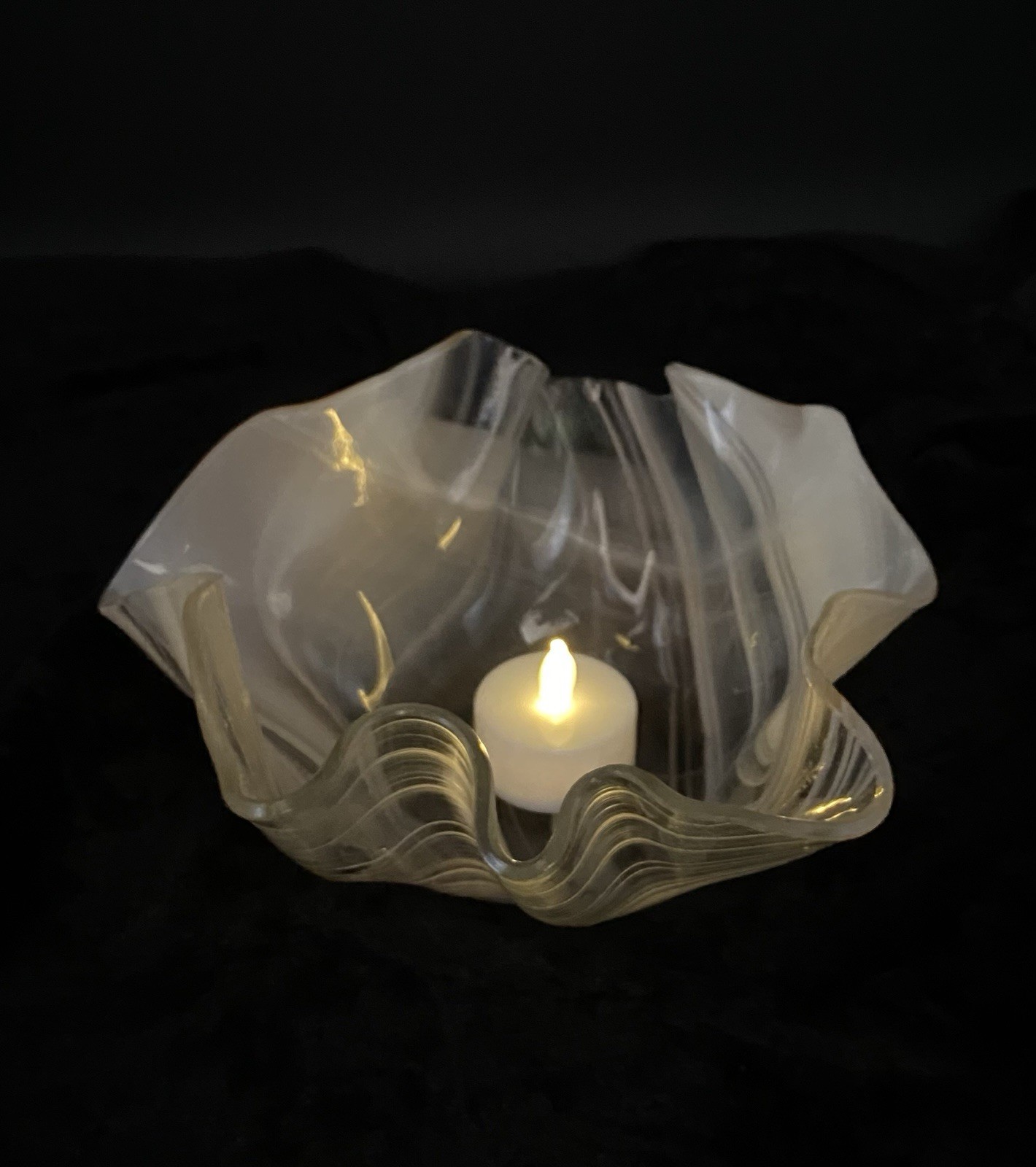 Vintage Handblown Murrhina Glass Handkerchief Bowl/Candle, Peach & White, Signed