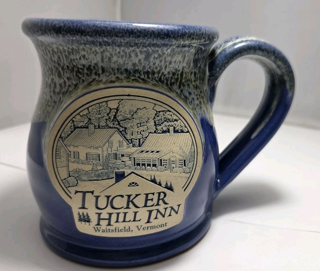 Deneen Pottery Mug Tucker Hill Inn Waitsfield VT Blue Beige Hand Thrown USA