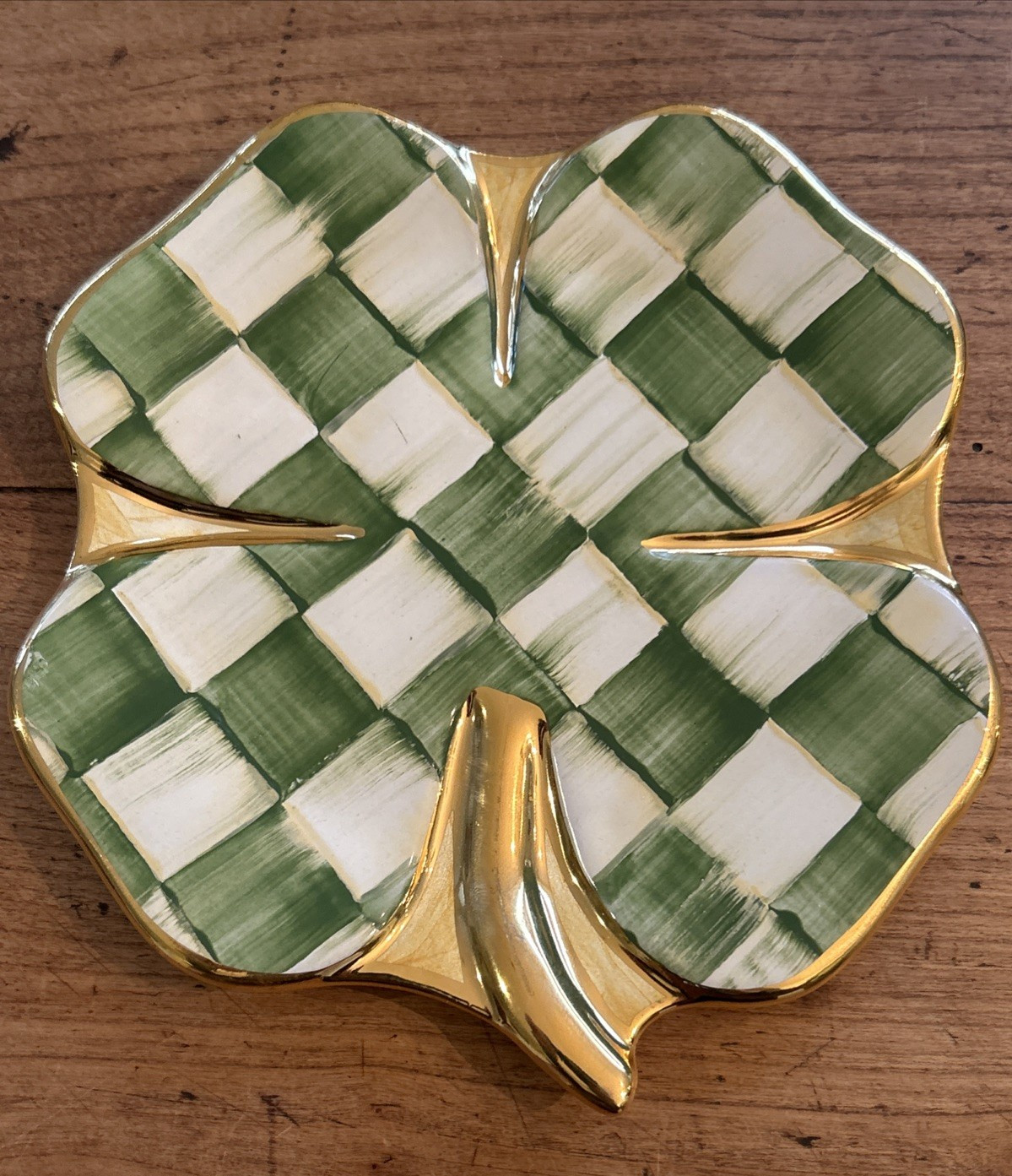 PAIR (2) MACKENZIE CHILDS SHAMROCK COURTLY LUCKY CHECK FOUR-LEAF CLOVER DISHES