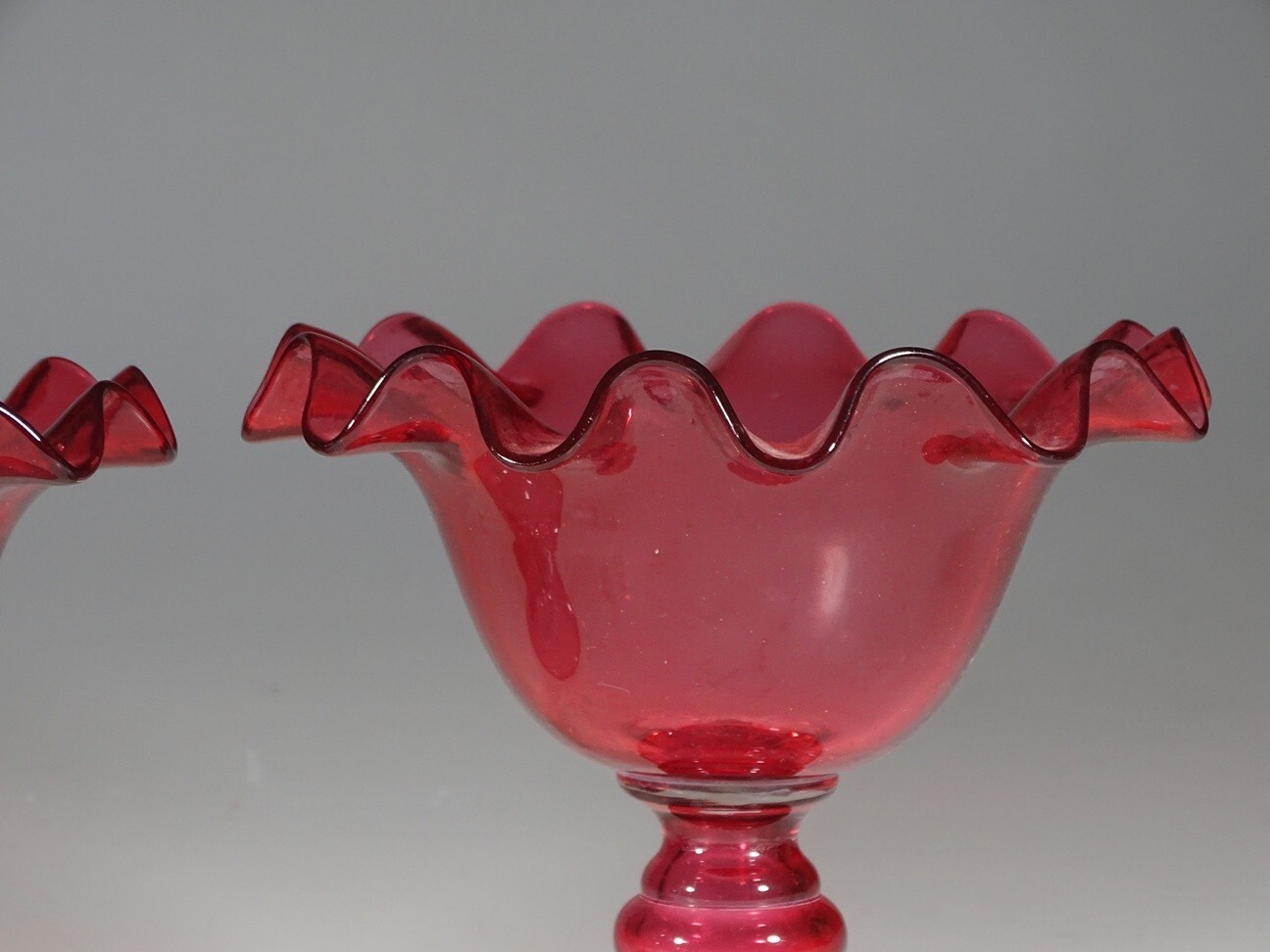 Matched Set of 2 British Victorian Cranberry Glass Compote Crimped Rim c.1895