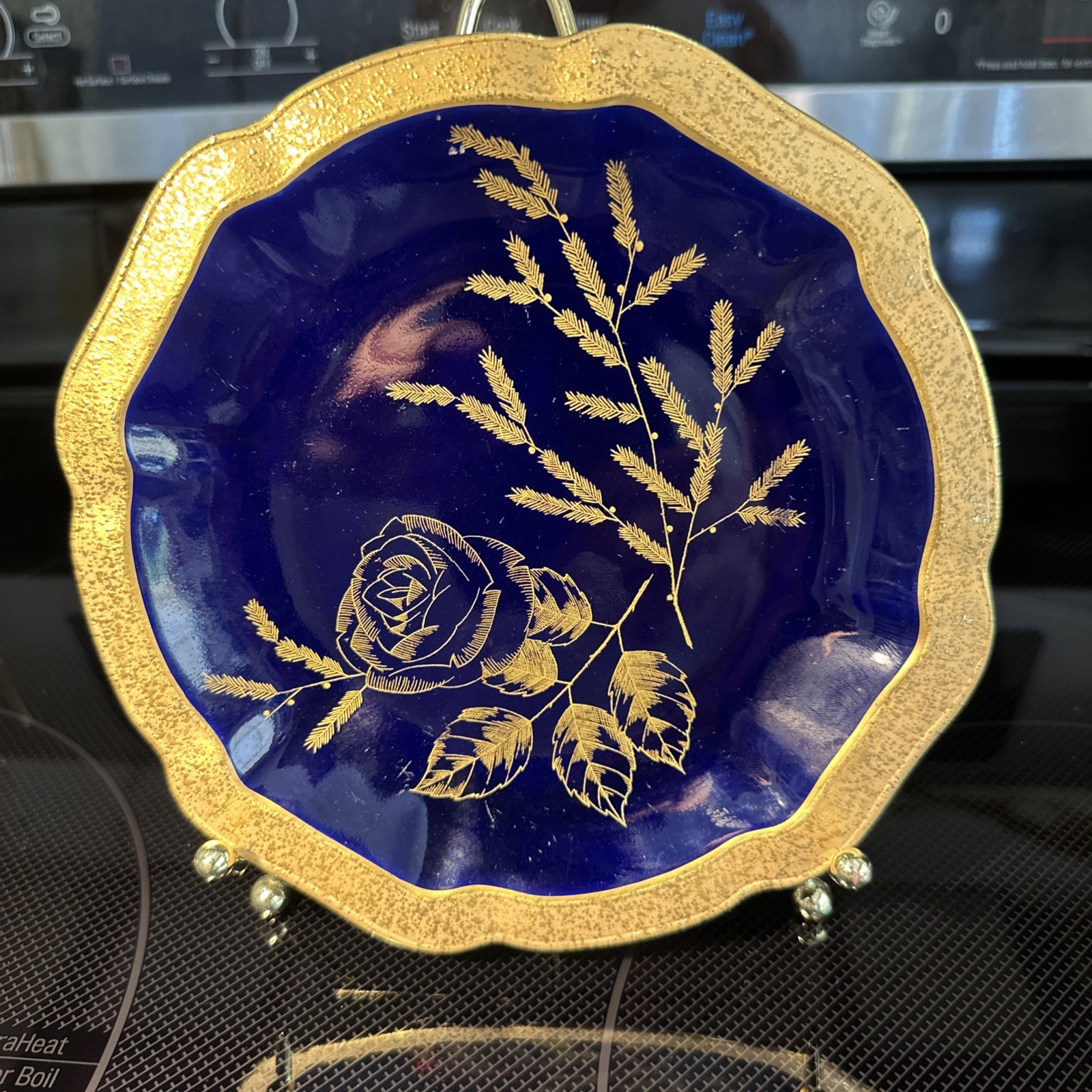 Jlmenau Reichenbach Echt Kobalt Blue GOLD TRIM Rose Plate Dish 7.5” Germany