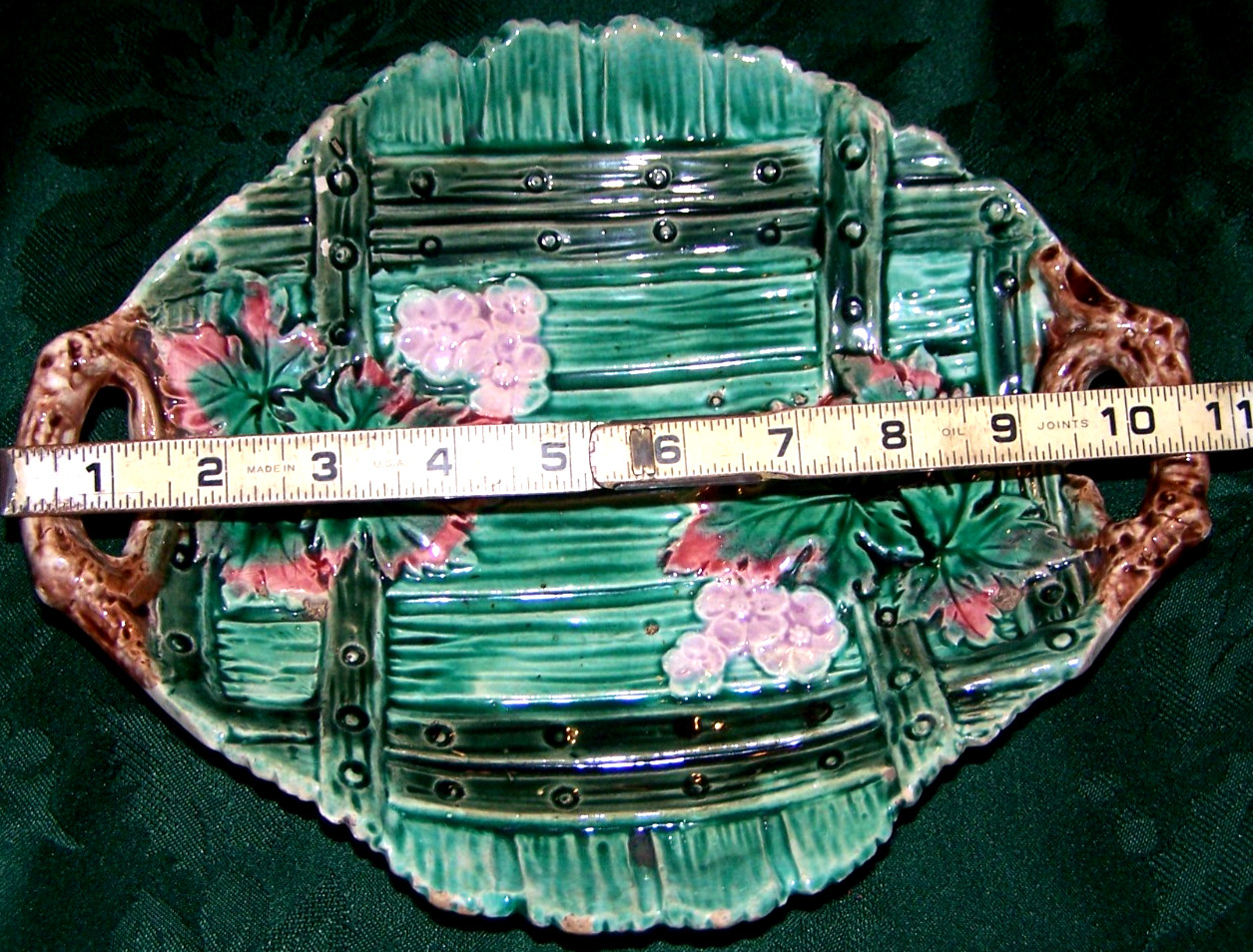 Gorgeous 1894 Nearly 11″ Wide Fences & Leaves Colorful Majolica Handled Tray