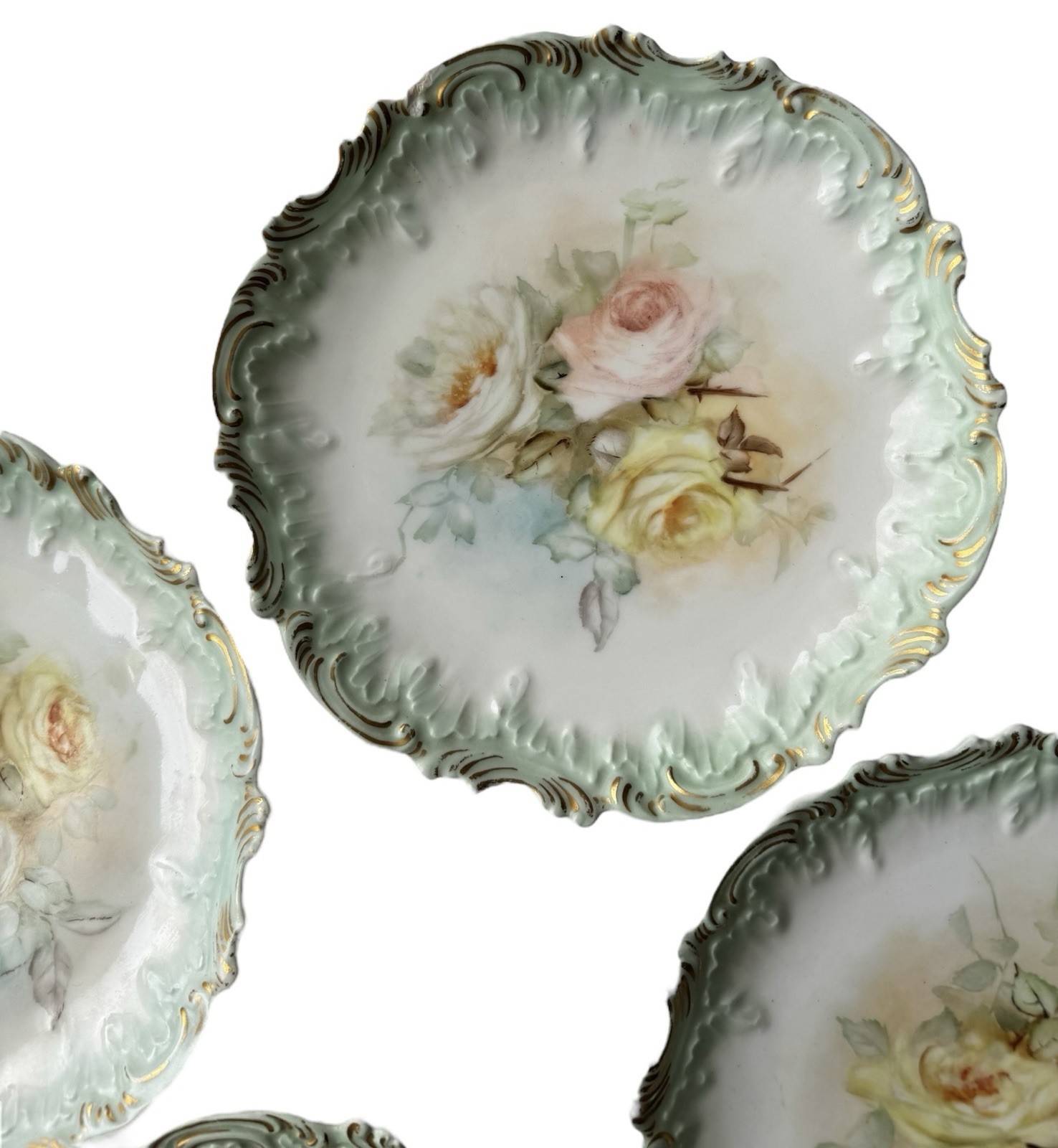 Antique Limoges France Plate Set 4 Hand Painted 1899 Scalloped Embossed Floral