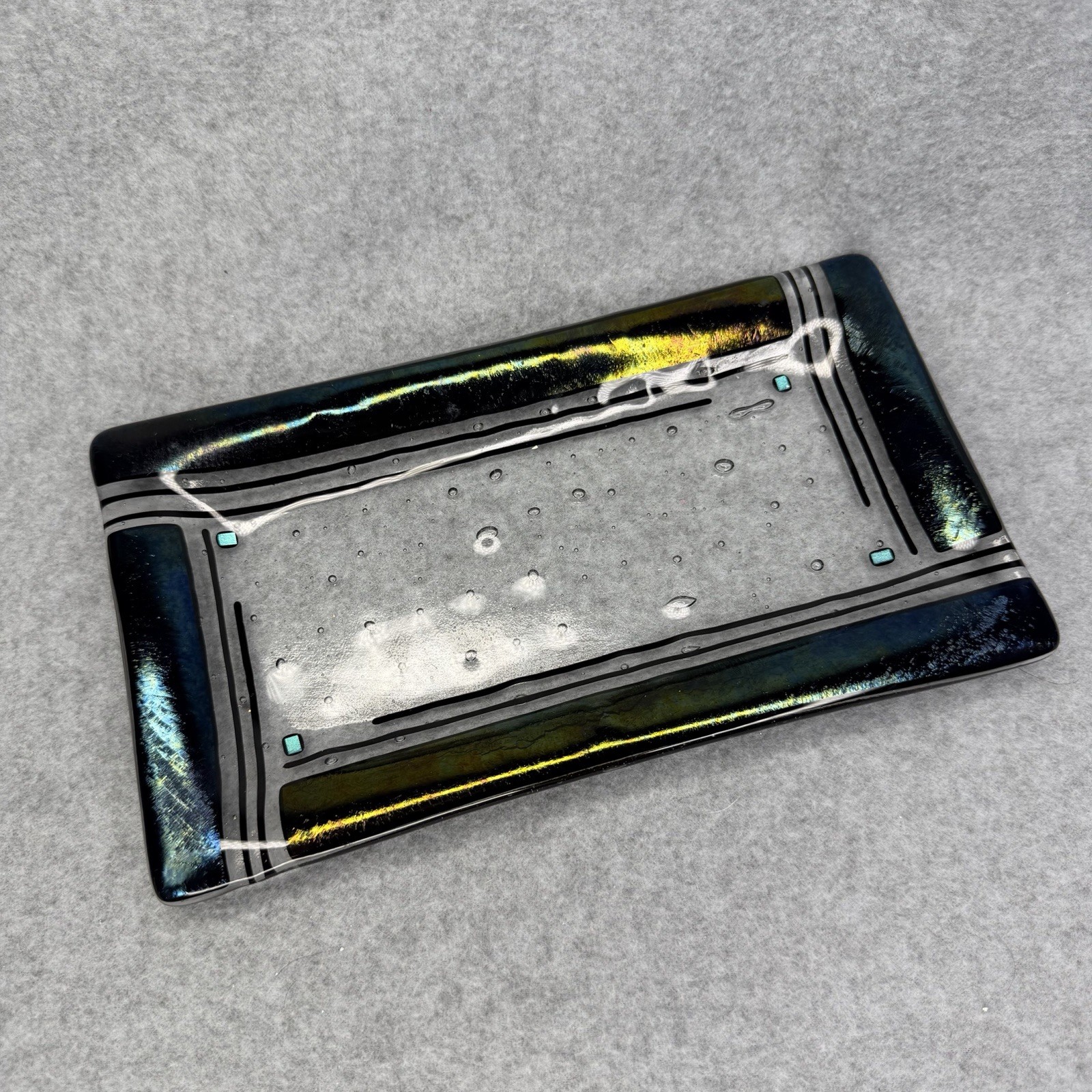 Vintage Jeri Goodman Signed 1997 Glass Blue Rectangle Trinket Dish Bubbles 9″