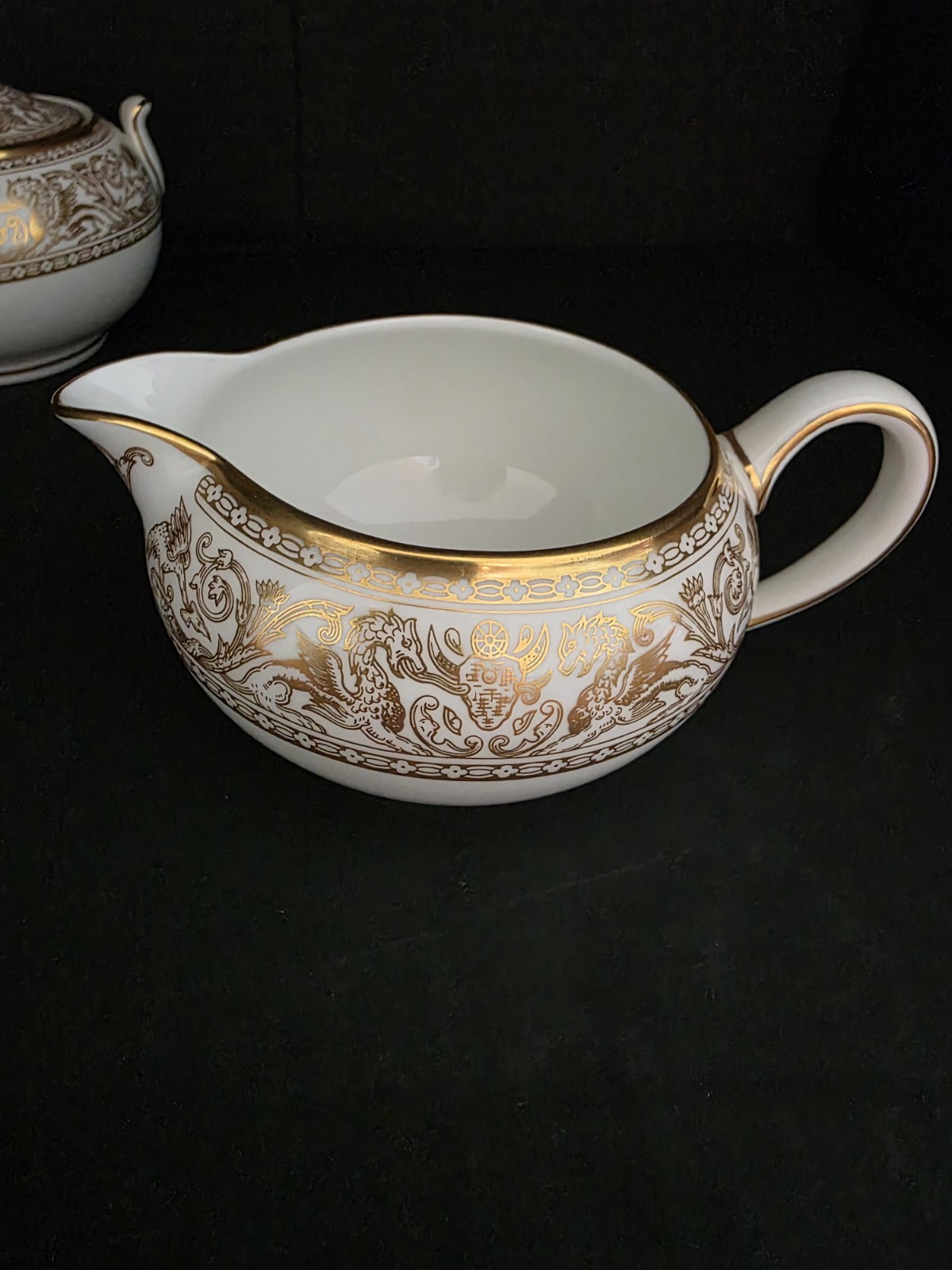 VINTAGE Wedgwood Bone China Gold Florentine Creamer and Sugar Bowl, England