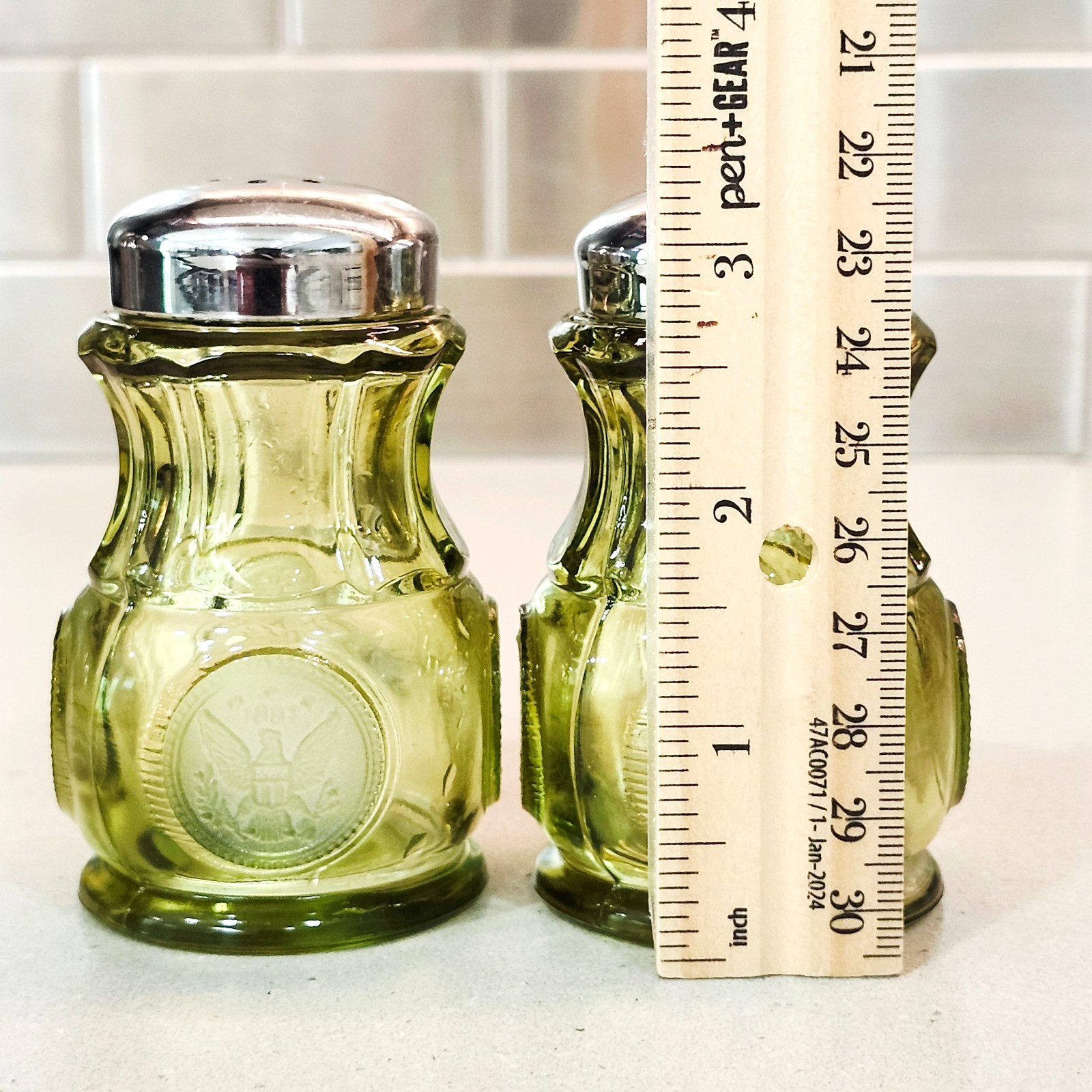 Vintage Fostoria Olive Green Glass Coin 3” Tall Salt & Pepper Shakers
