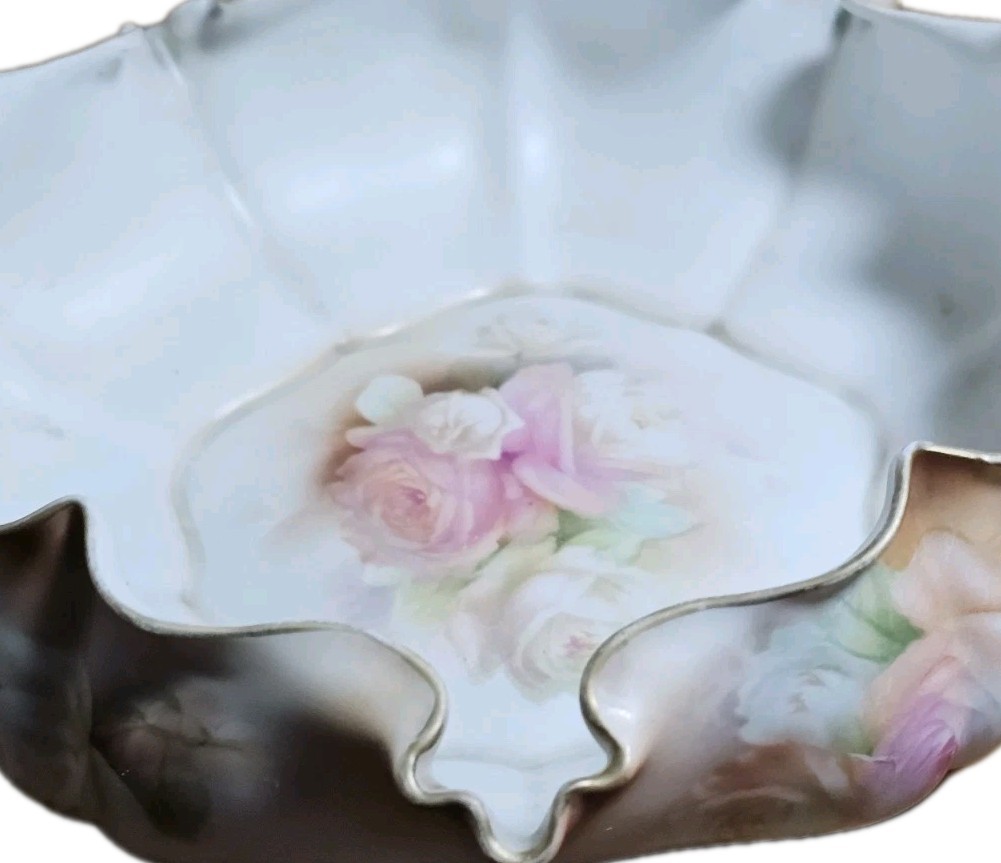 Antique RS Prussia Pink Rose 9″ Blown Out Bowl Exterior Painted Floral Gold