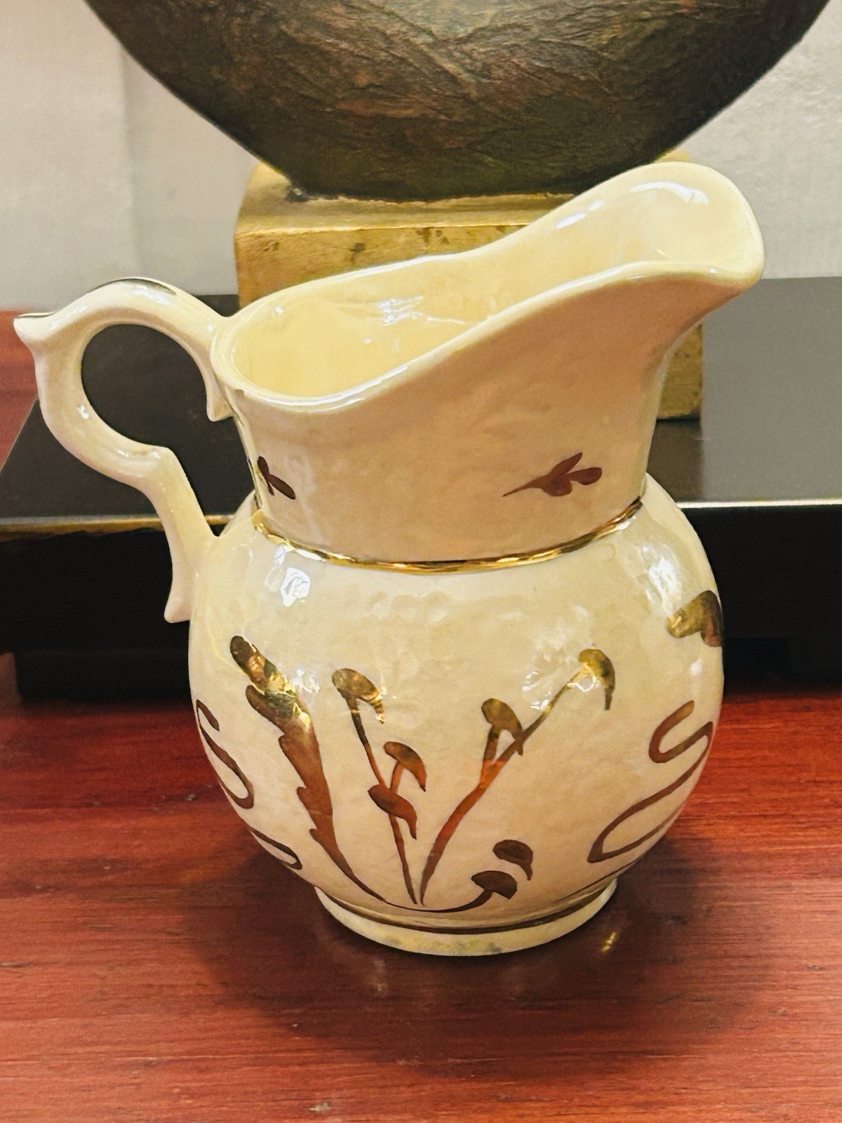 Vintage Cumbo Pottery Leaf Embossed Creamer With Gold Painted Design 4.25”x4.25”