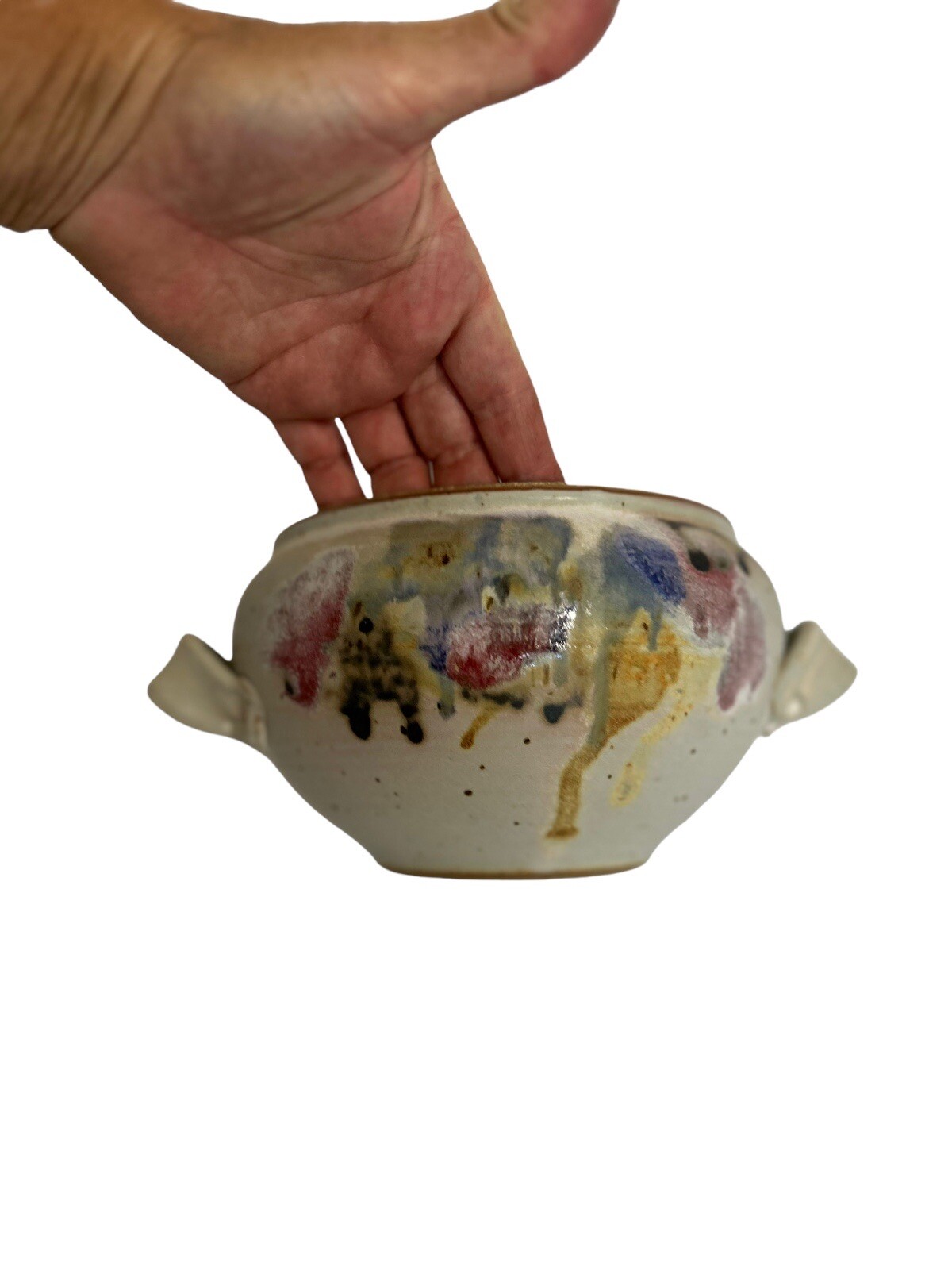 Medium Hayes Art Pottery Bean Pot W/Lid Tan, Red, Blue Drip Color~ Signed