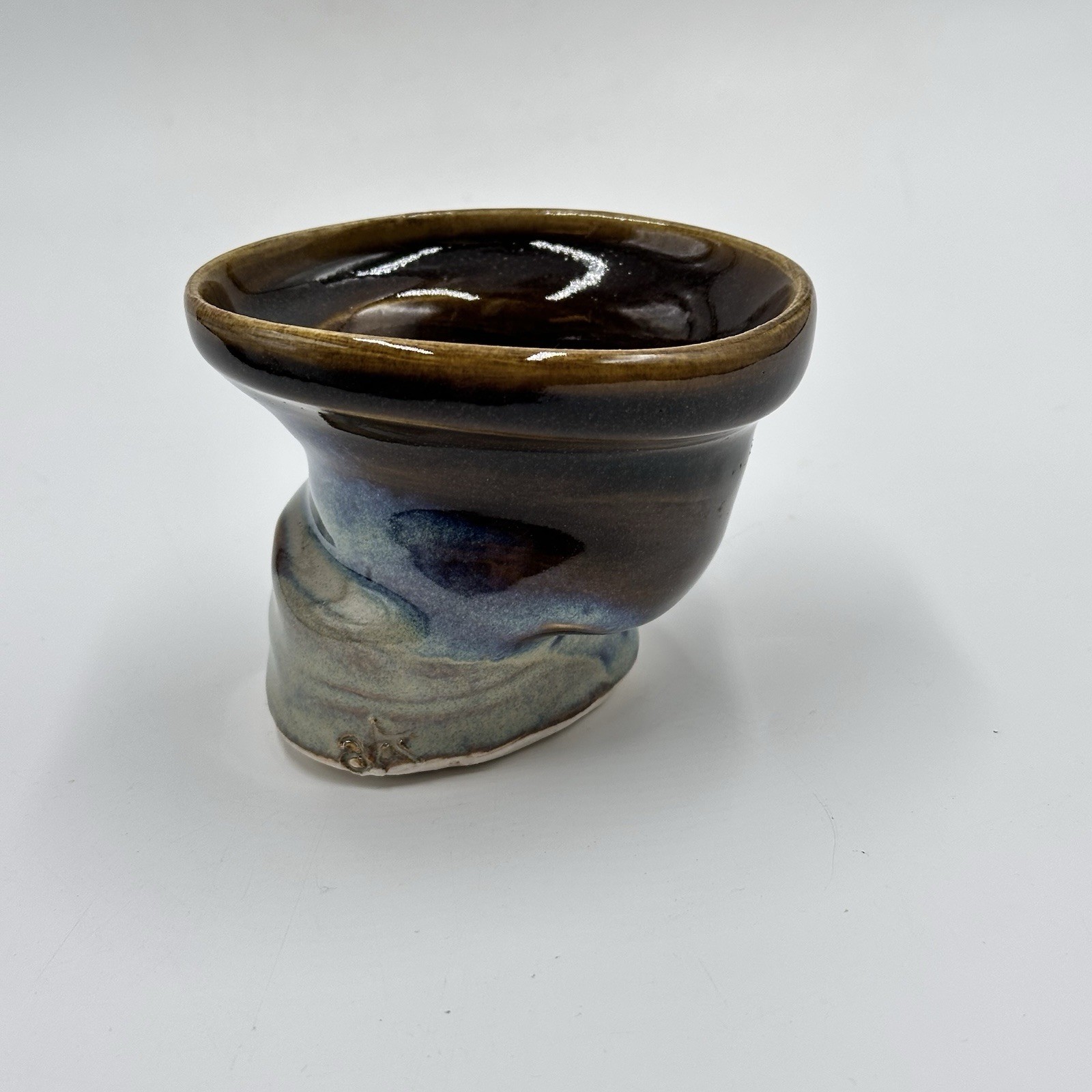 Studio Art Asymmetrical Warped Pottery Cup Blue Drip Glazed Artist Initialed
