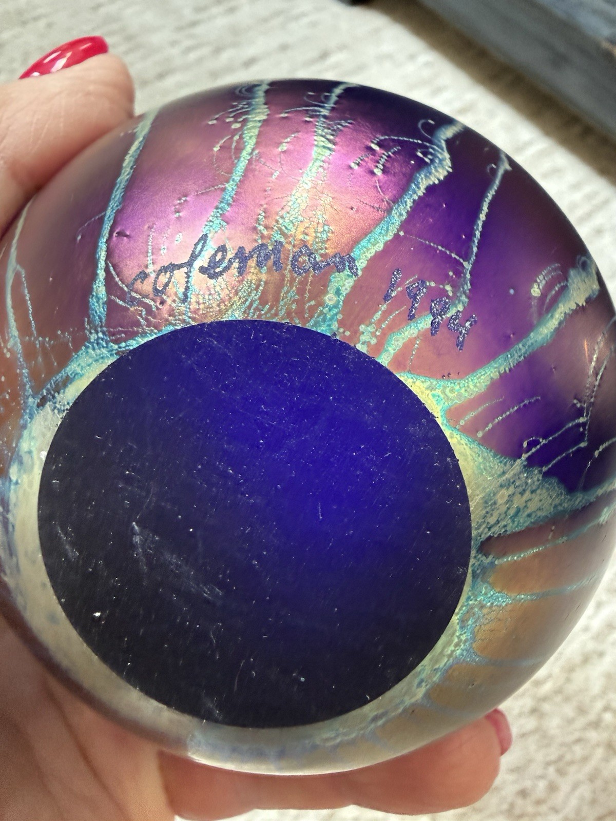 Coleman 1994 Signed Hand Blown Iridescent Blue Art Glass Bowl 5″ Round 3″ High