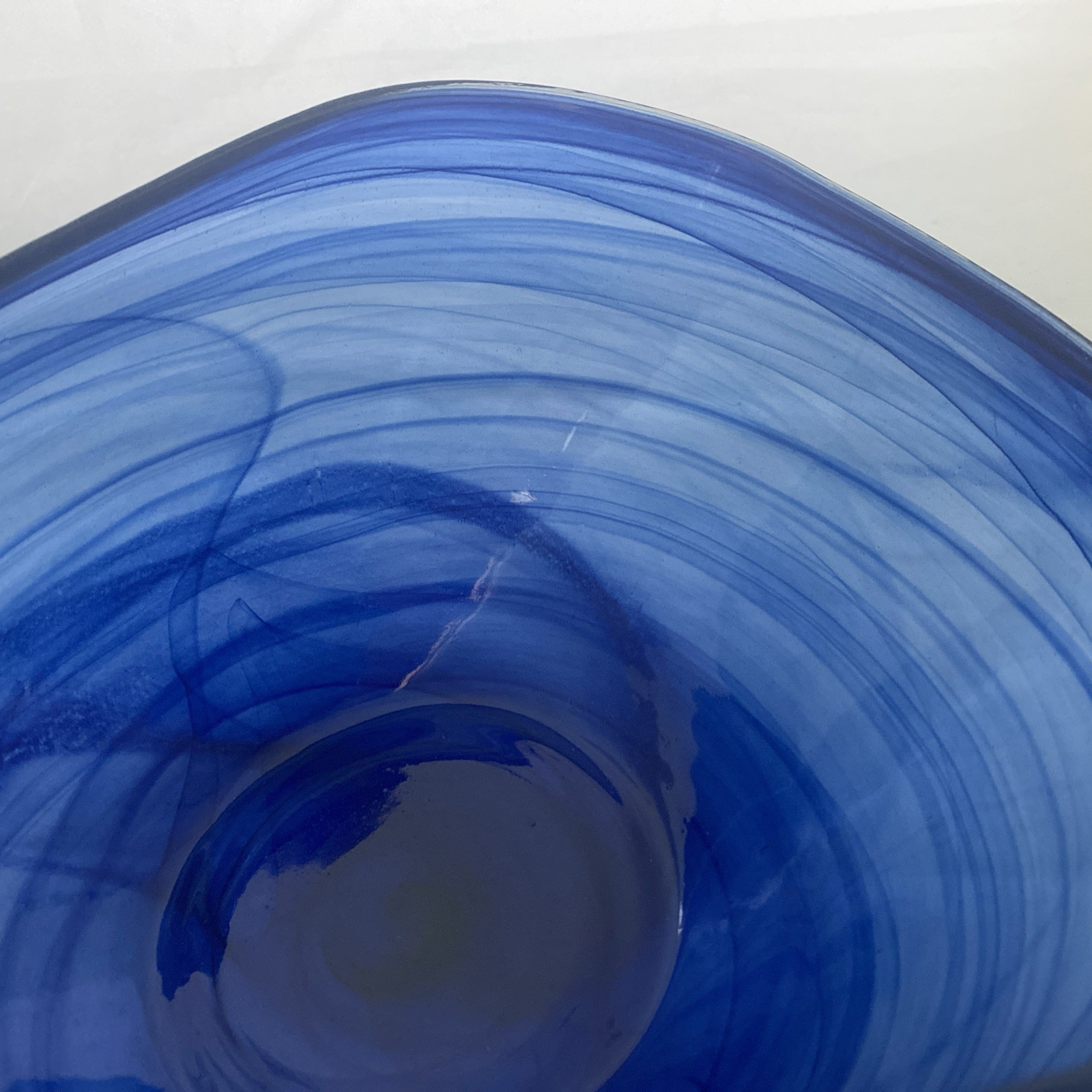 Murano Style Art Glass Cobalt Blue Swirl Asymmetrical Bowl 13 5/8″ Long