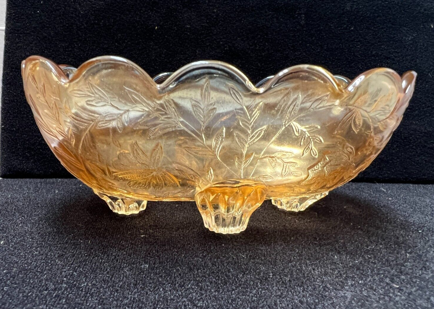 Vtg Jeanette Flora Amber Iridescent Carnival Glass Small Candy Dish bowl 4 feet