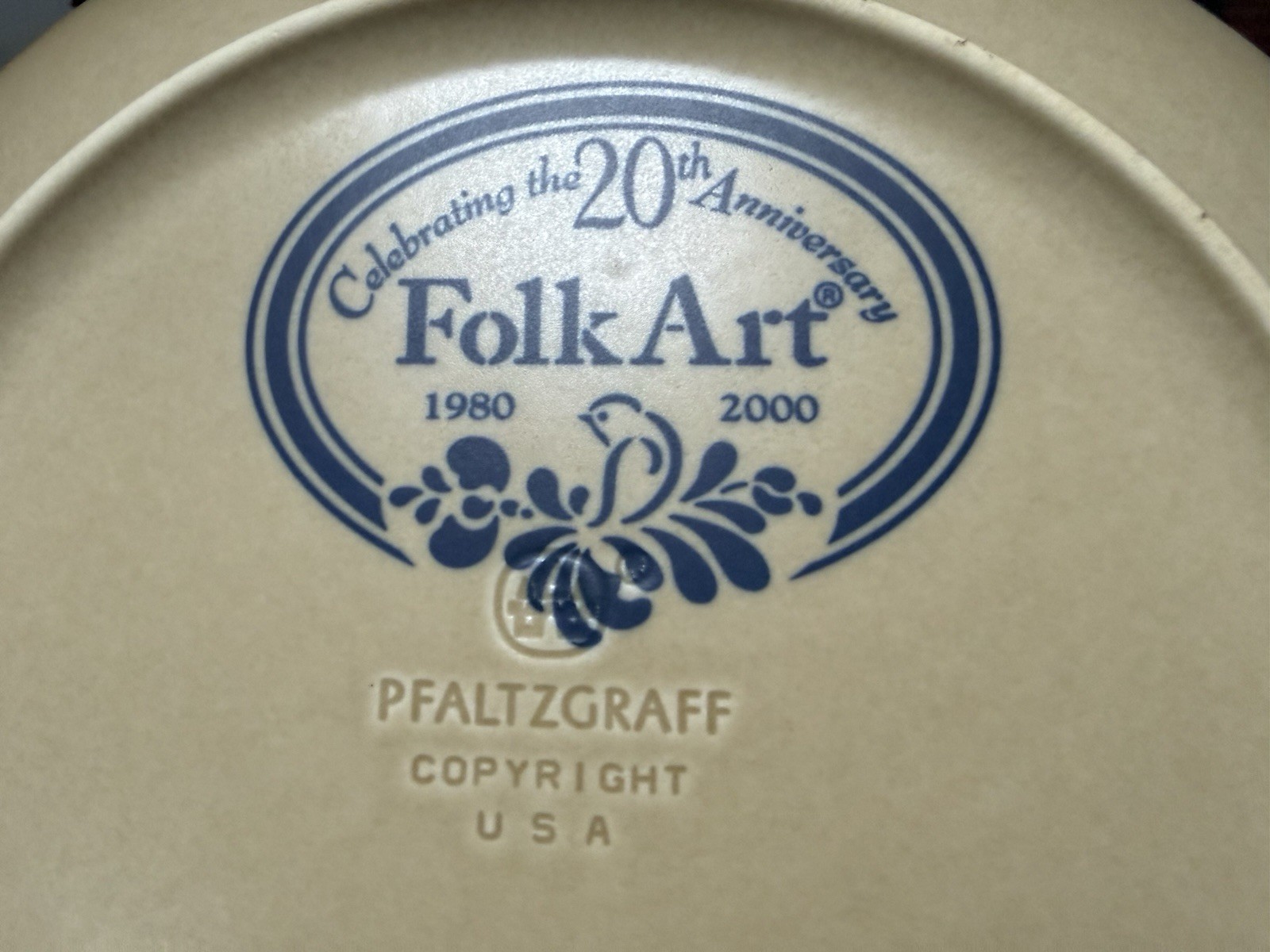 RARE Vintage Pfaltzgraff Folk Art 20th Anniversary Dinner Plate 10″ Blue Beige