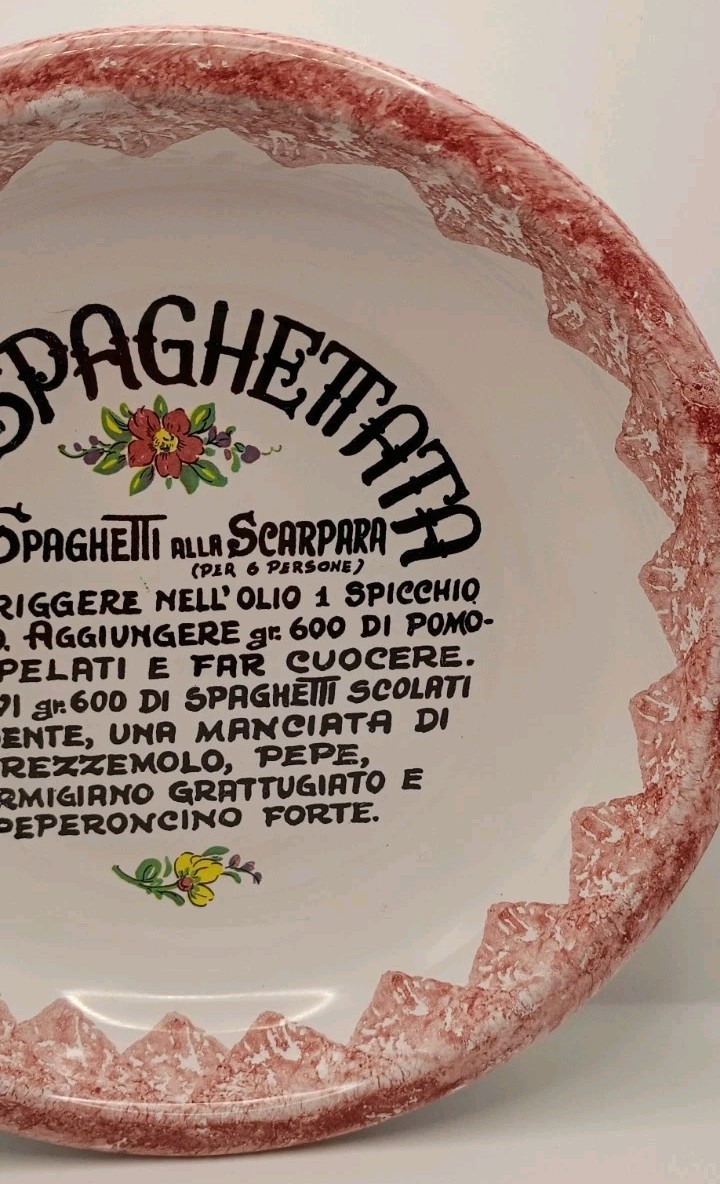 Vtg. Pisapia Italy Ceramic La Spaghettata Scarpara Recipe Bowl Red Sponge Paint