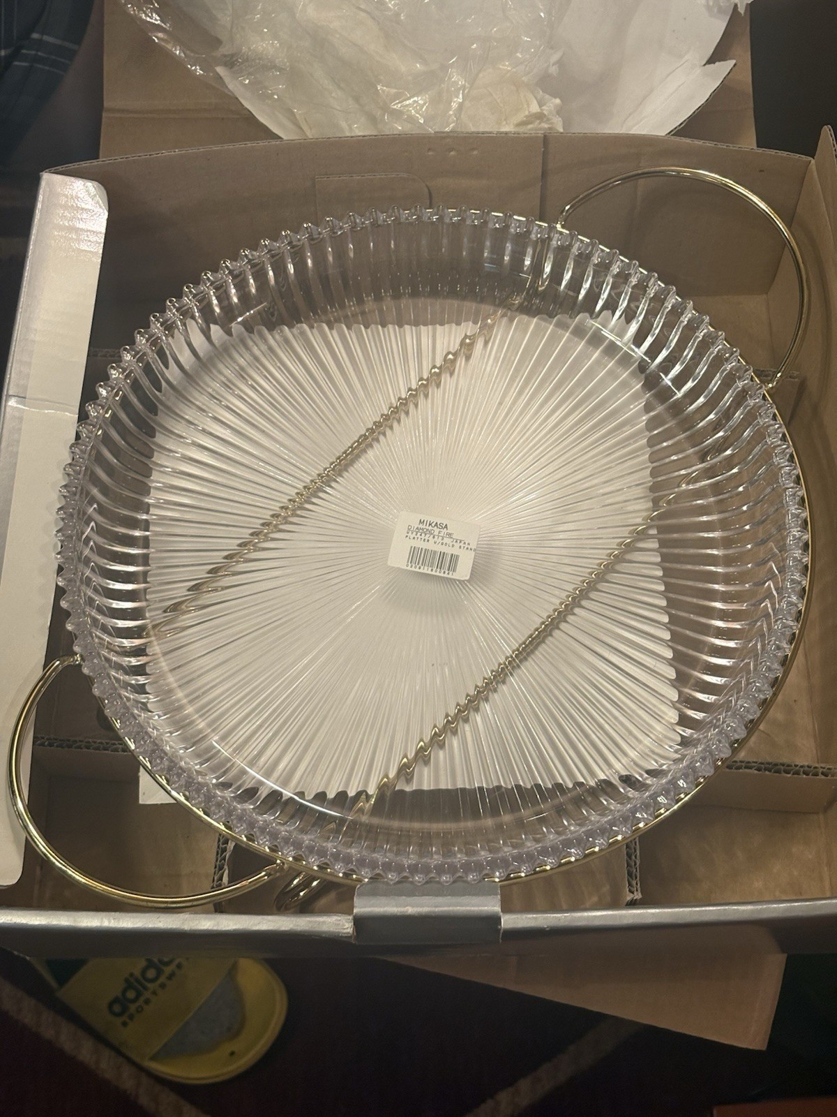 Mikasa Diamond Fire WY247 Round Platter Gold Stand Vintage Crystal Cake Tray New