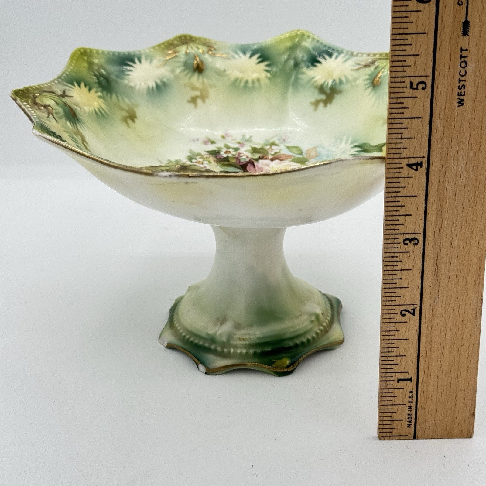 RS Prussia Pedestal Bowl Roses Green Pink Basket Gold Antique Porcelain- READ