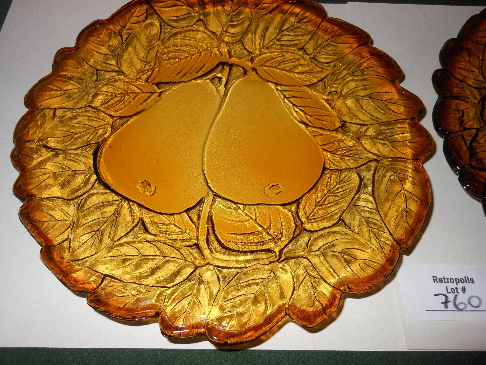 2 Tiara Indiana Glass 8″ Plates Burnt Honey SWEET PEAR Avocado