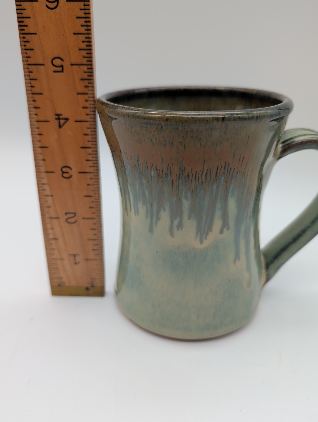 Studio Pottery Hand Thrown Stoneware Hourglass Mug Green Copper Drip Glaze