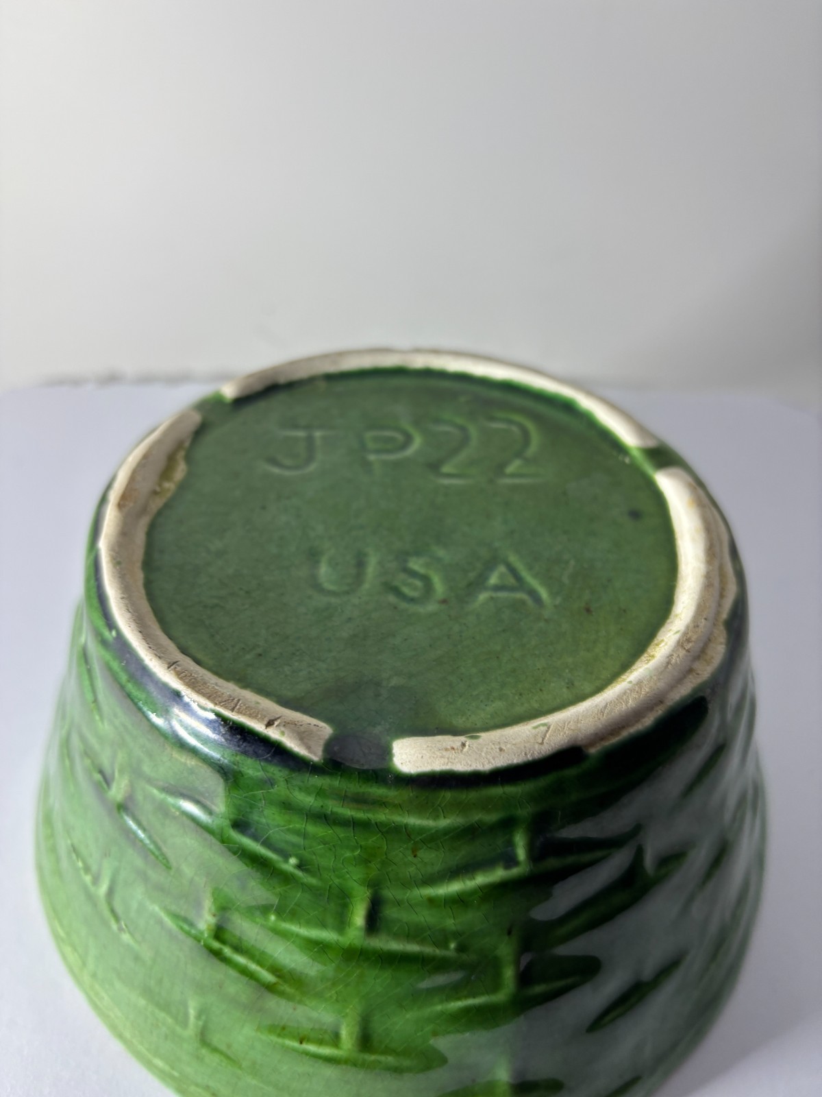 Vintage Green Glazed Pottery Bowl – Basketweave Texture, USA Marked JP22
