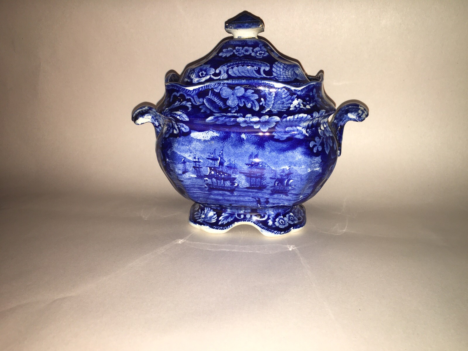LA3 Historical Staffordshire Dark Blue Sugar Bowl Macdonoughs Victory Ca. 1825