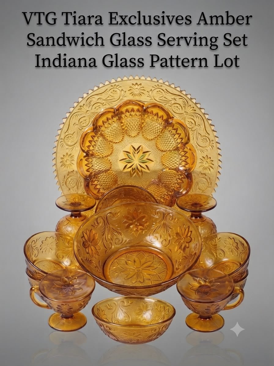 Tiara Exclusives Amber Indiana Glass Sandwich Pattern Serving Set