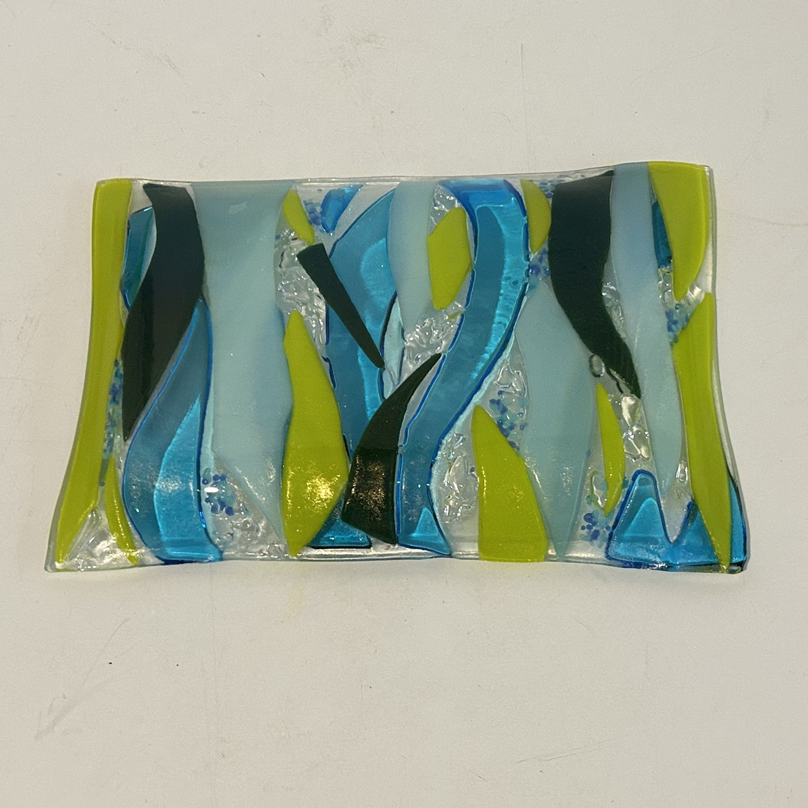 Blue Green Yellow Fused Art Glass Trinket Tray Dish Plate Waves Home Decor