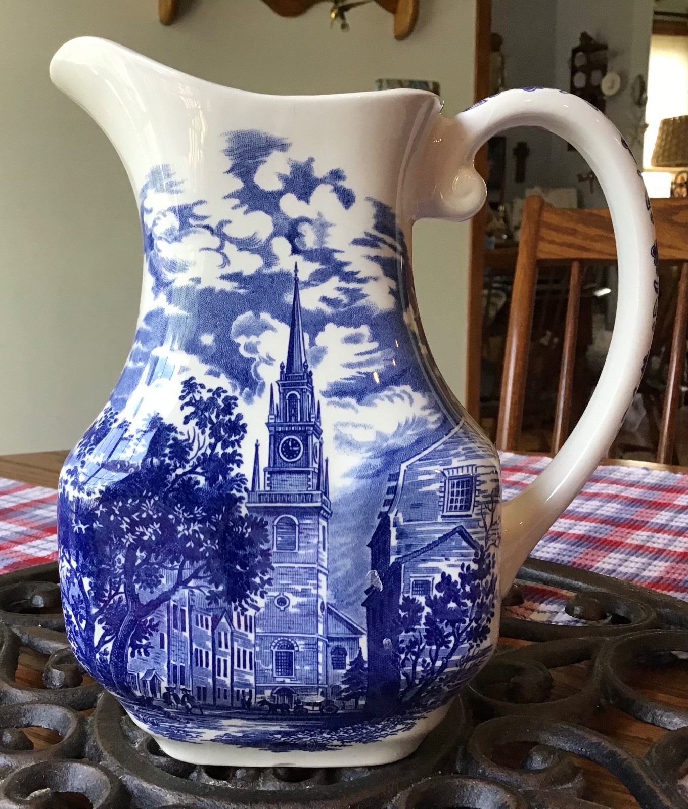 VINTAGE STAFFORDSHIRE LIBERTY BLUE “OLD NORTH CHURCH” PITCHER, 7 7/8’