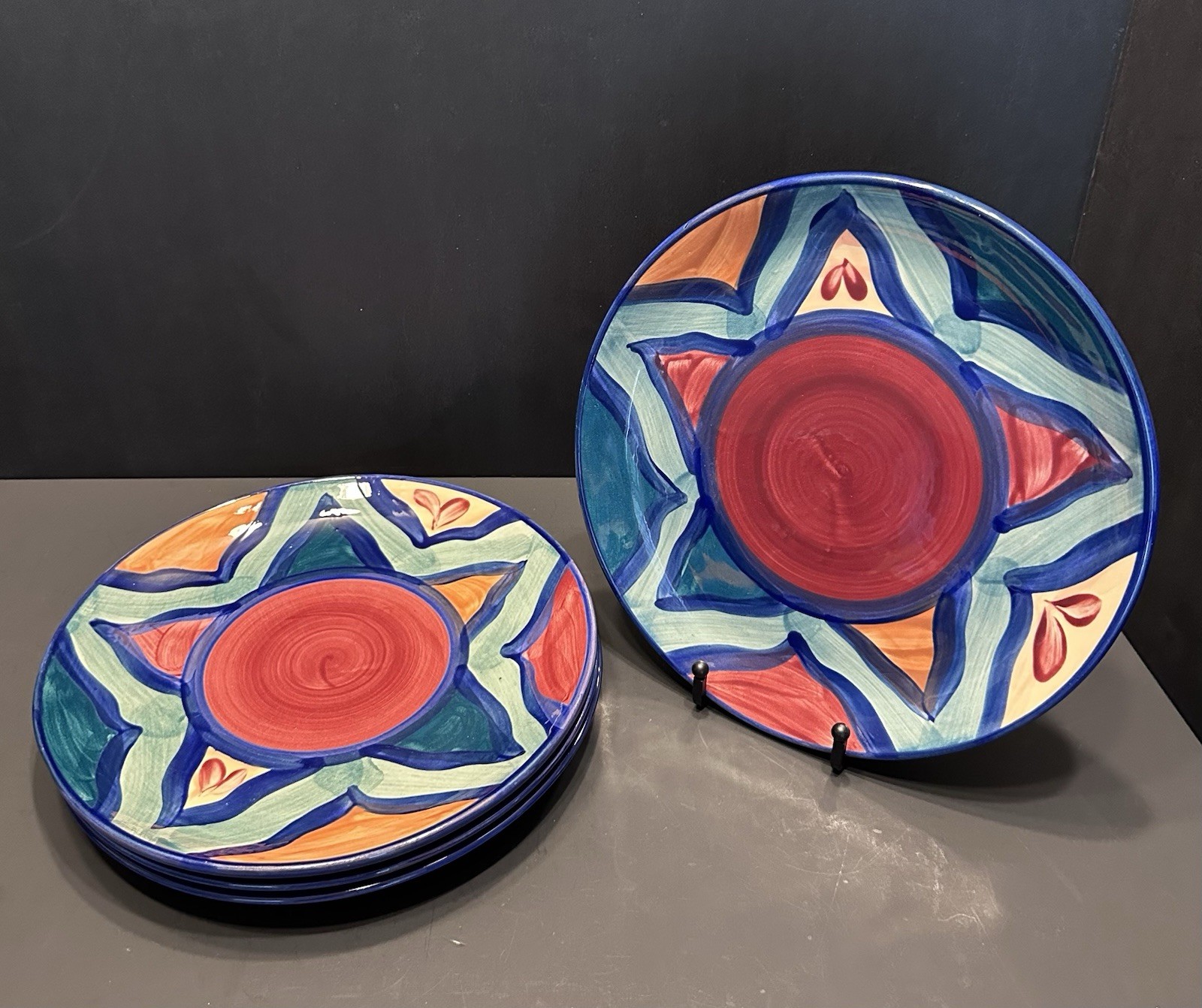 4 Gail Pittman 9 3/4” Dinner Plates Red Azalea Signed Hand Painted 1988 / 1995