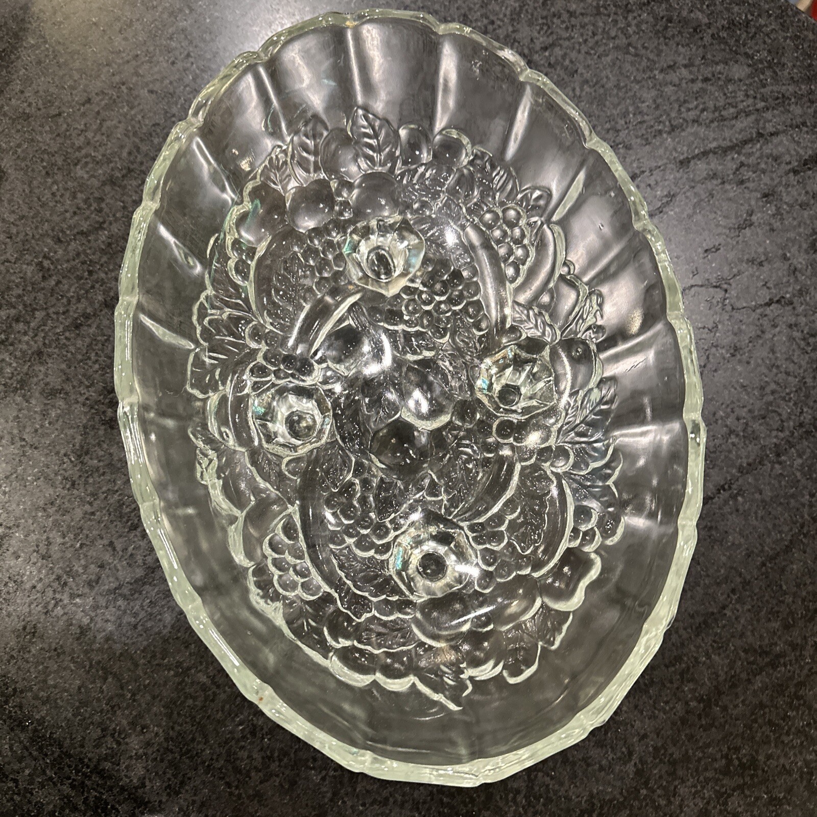 Fruit or Centerpiece Bowl ~ Glass Embossed with Grapes and Leaves~ Oval Footed