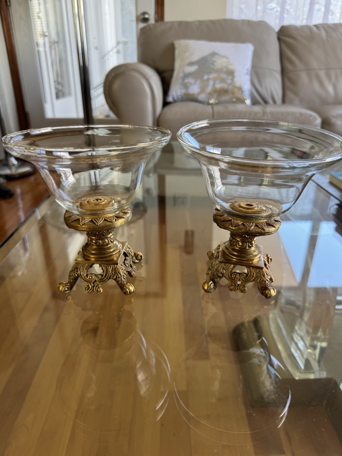 Set of 2 Brass Pedestal w/Round Clear Glass Compote Bowls 6.25”H