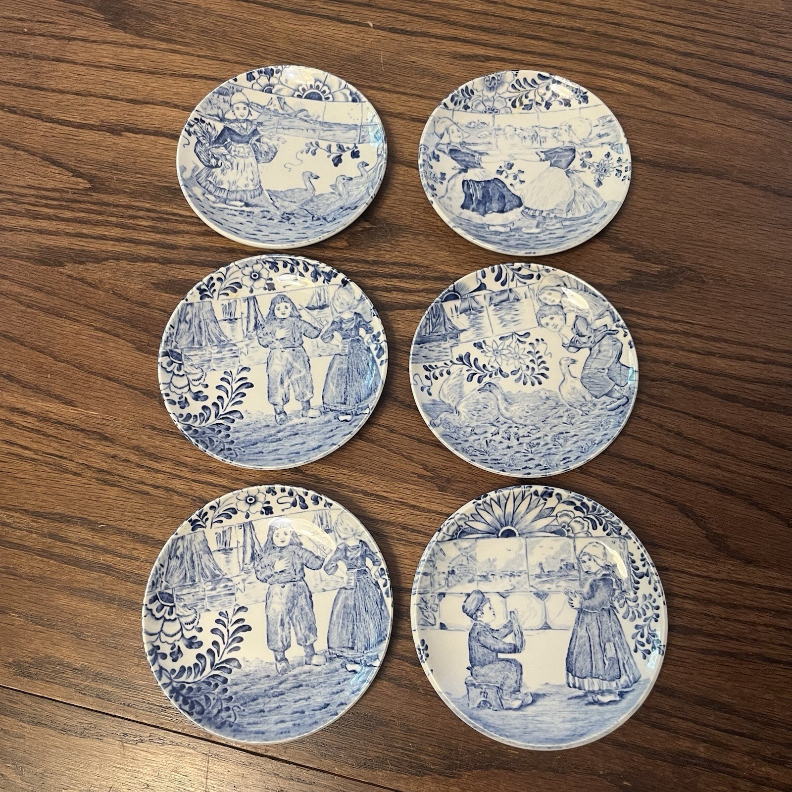 Boch Belgium Delft set of 6 Small Plates 4.25” Children Scenes Blue Dutch