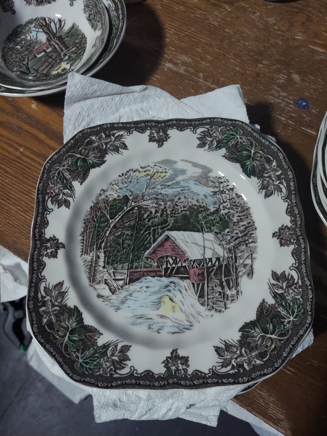 The Friendly Village Covered Bridge Square Salad Plates Johnson Brothers