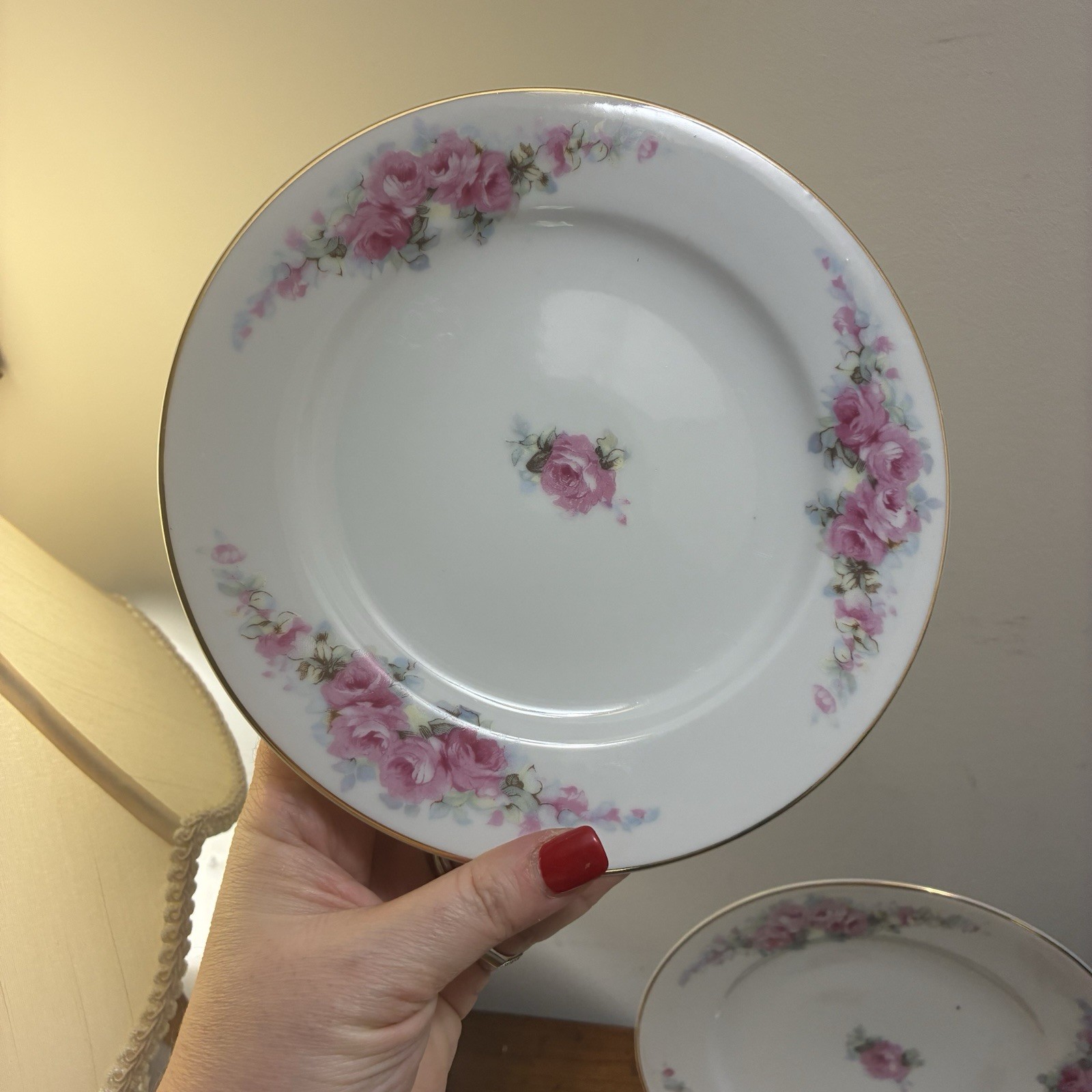6 Vintage Fine China Corona Salad Plates Pink Roses Made In Occupied Japan