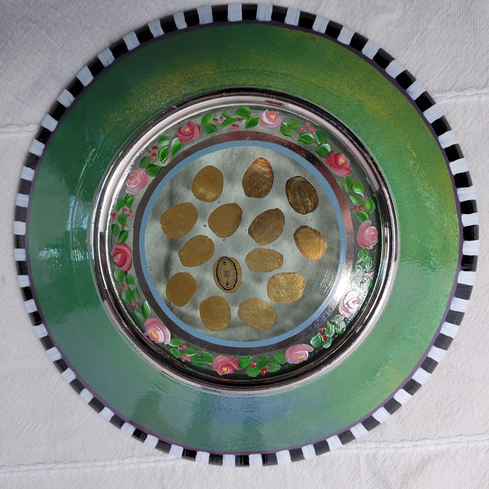 Early MacKenzie-Childs Plate Hand Painted Glass Soup Pasta 9.25″ Rose Garland