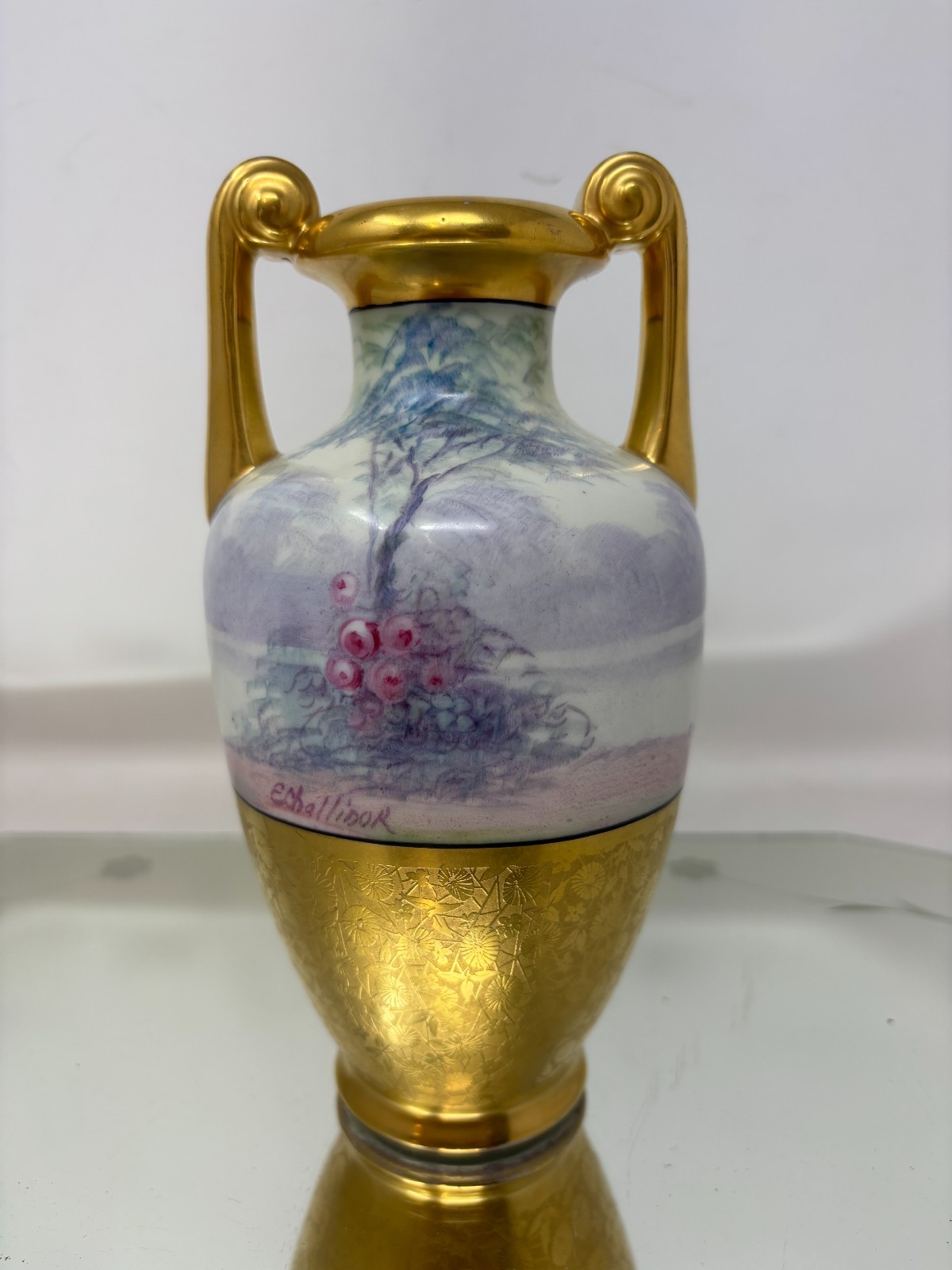 Antique Golden Accent Hand Painted Pheasant Pickard Vase E. Challinor Signed