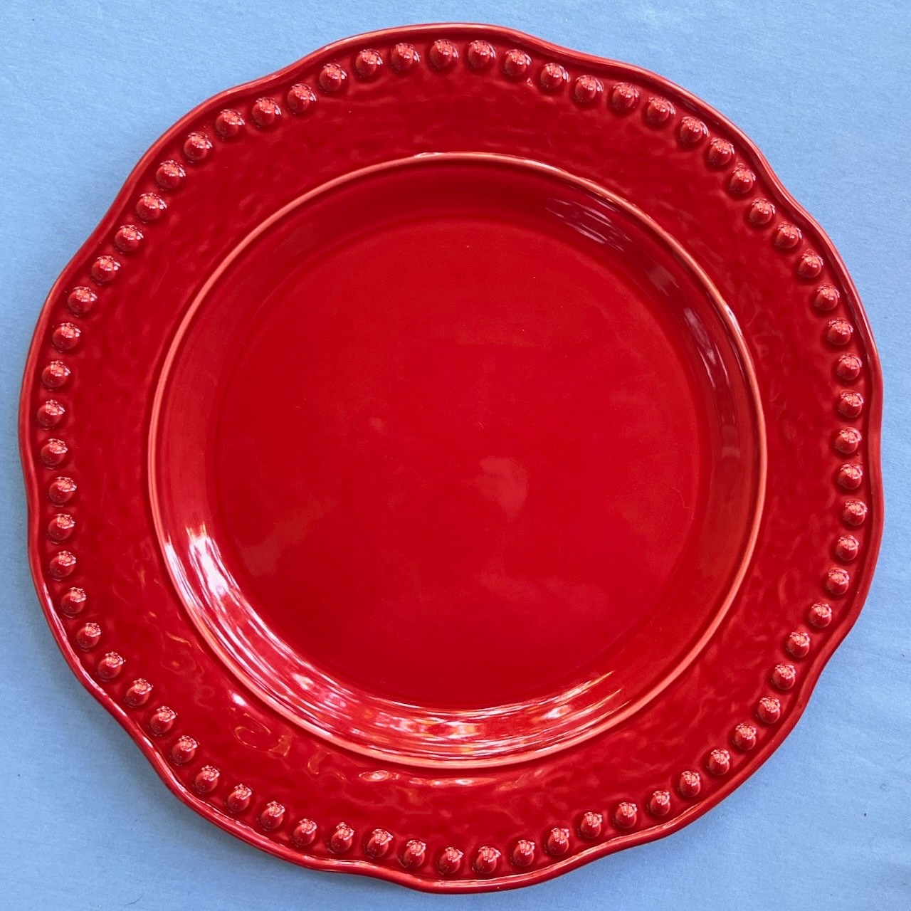 Set of FOUR Fapor Rustic Dots 11 3/4 Inch Red Dinner Plates Portugal