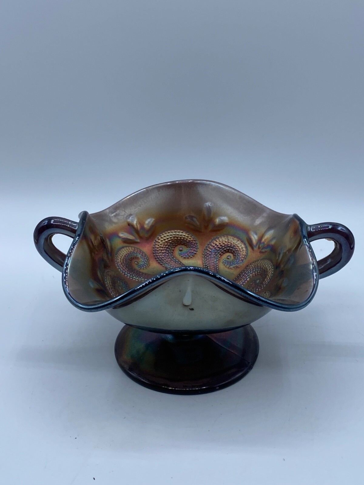 Vintage Amethyst Carnival Glass Two Handled Footed Bonbon Dish 4.5″
