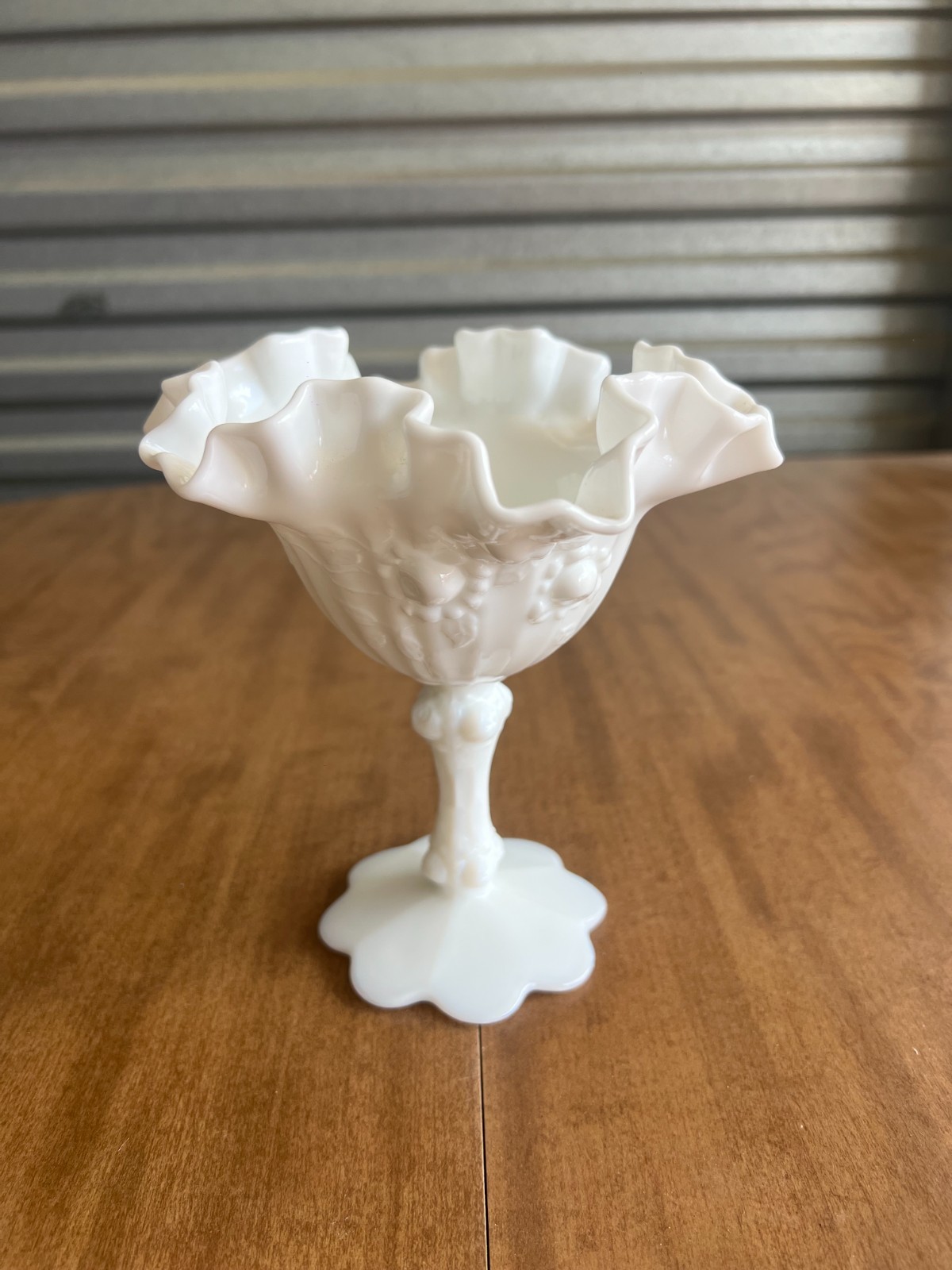 Vintage White Milk Glass Pedestal Compote Bowl Grape Pattern